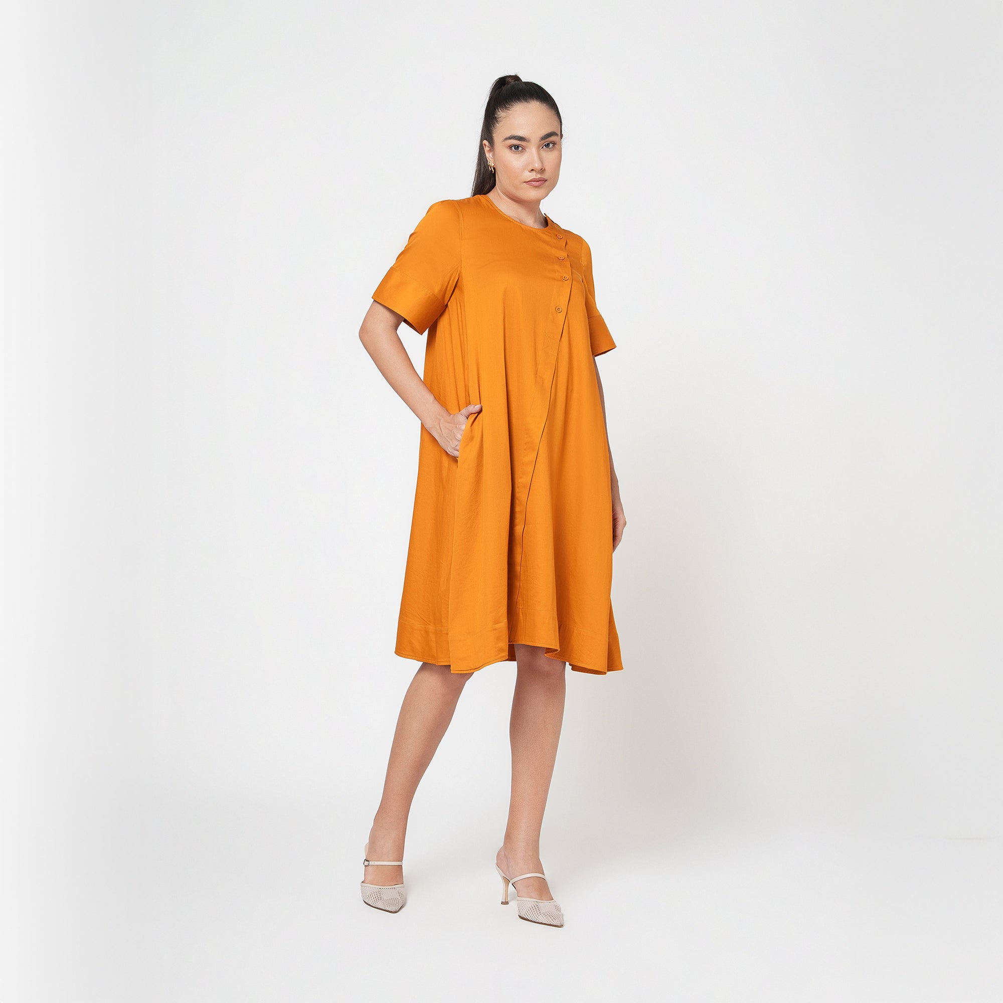 Mustard Cotton A-Line Dress With Round Neck