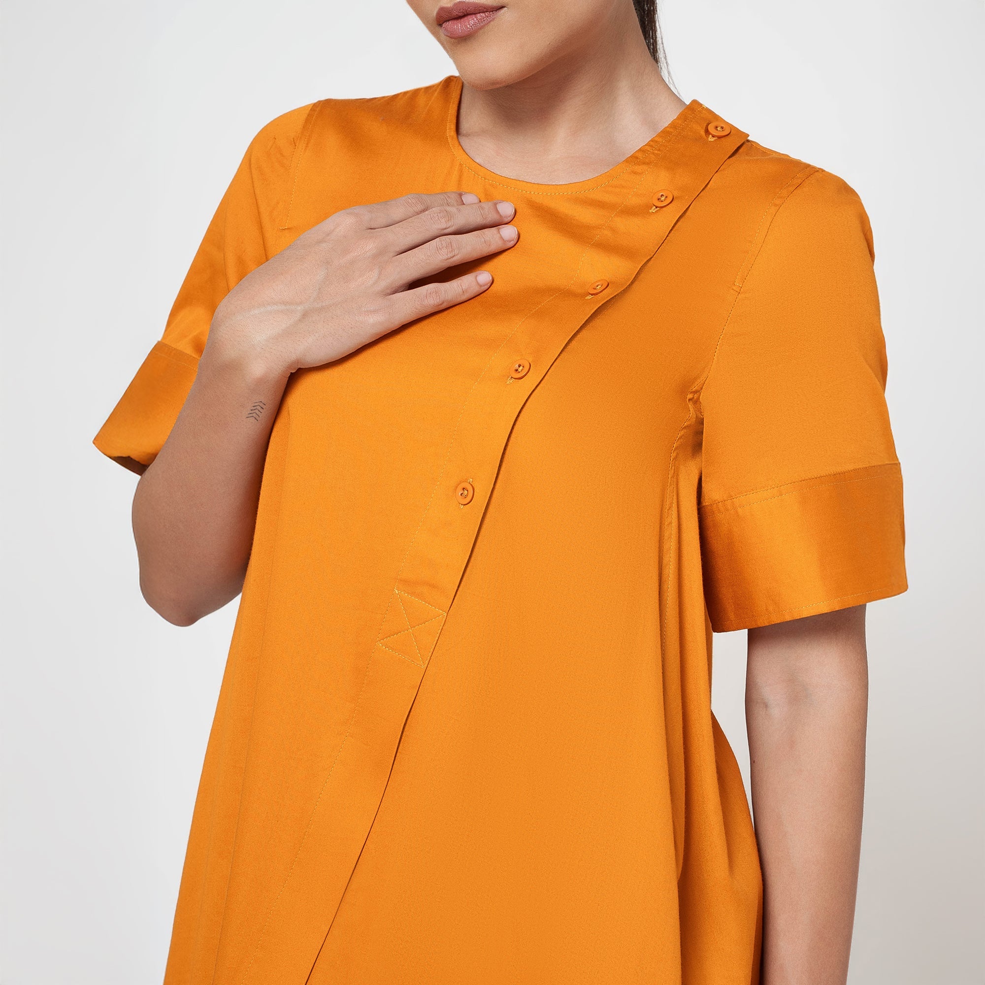 Mustard Cotton A-Line Dress With Round Neck