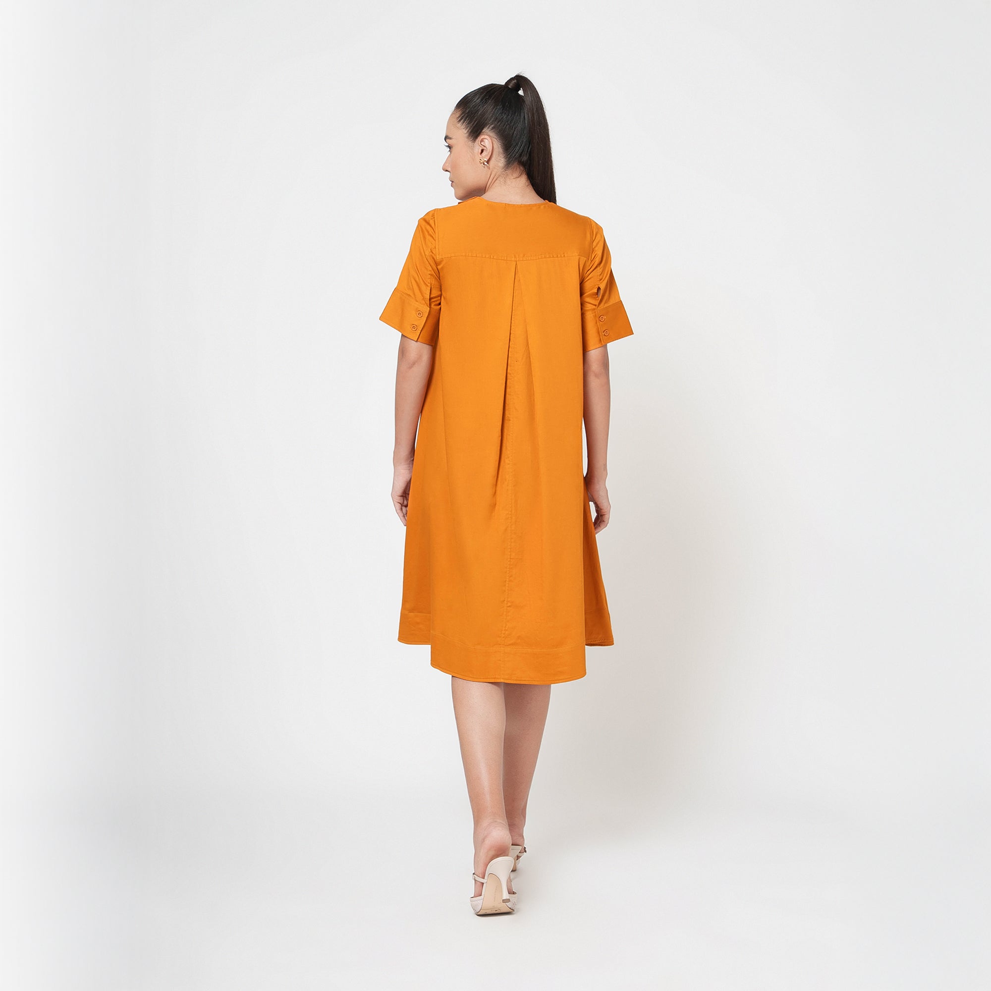 Mustard Cotton A-Line Dress With Round Neck