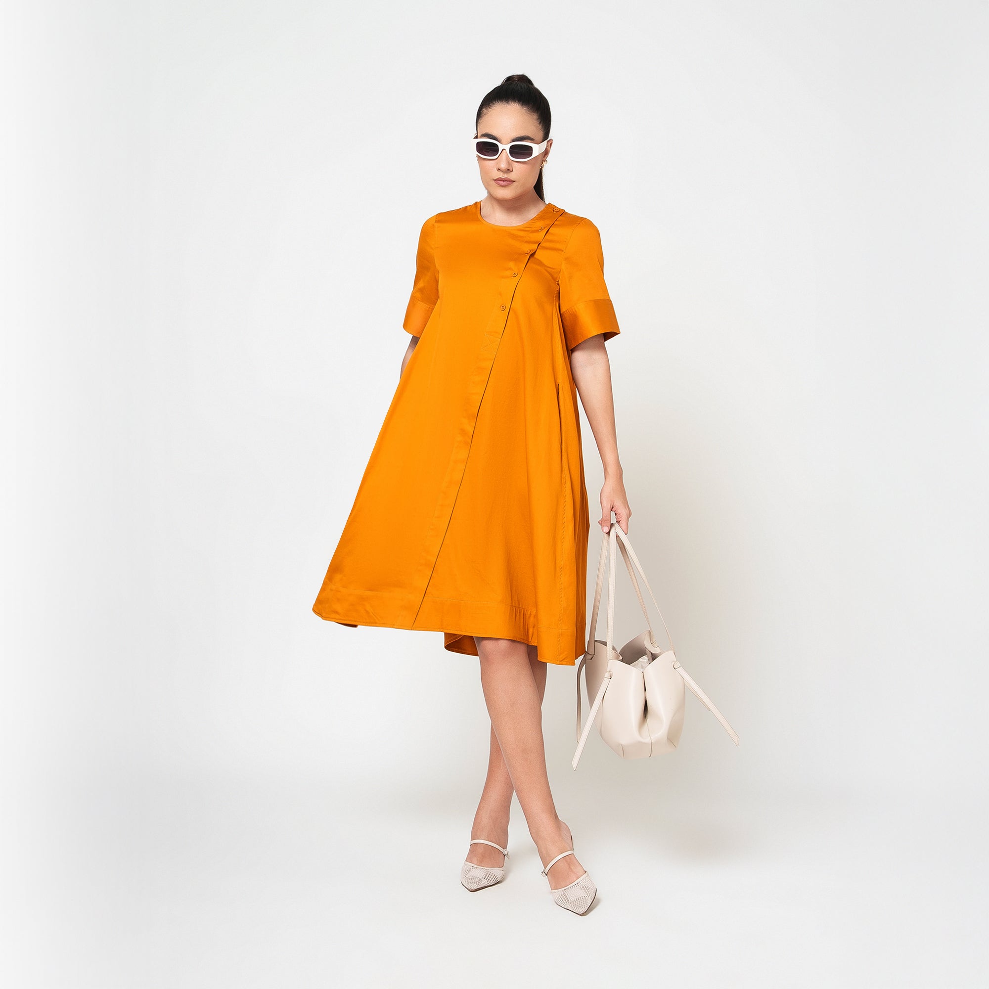 Mustard Cotton A-Line Dress With Round Neck