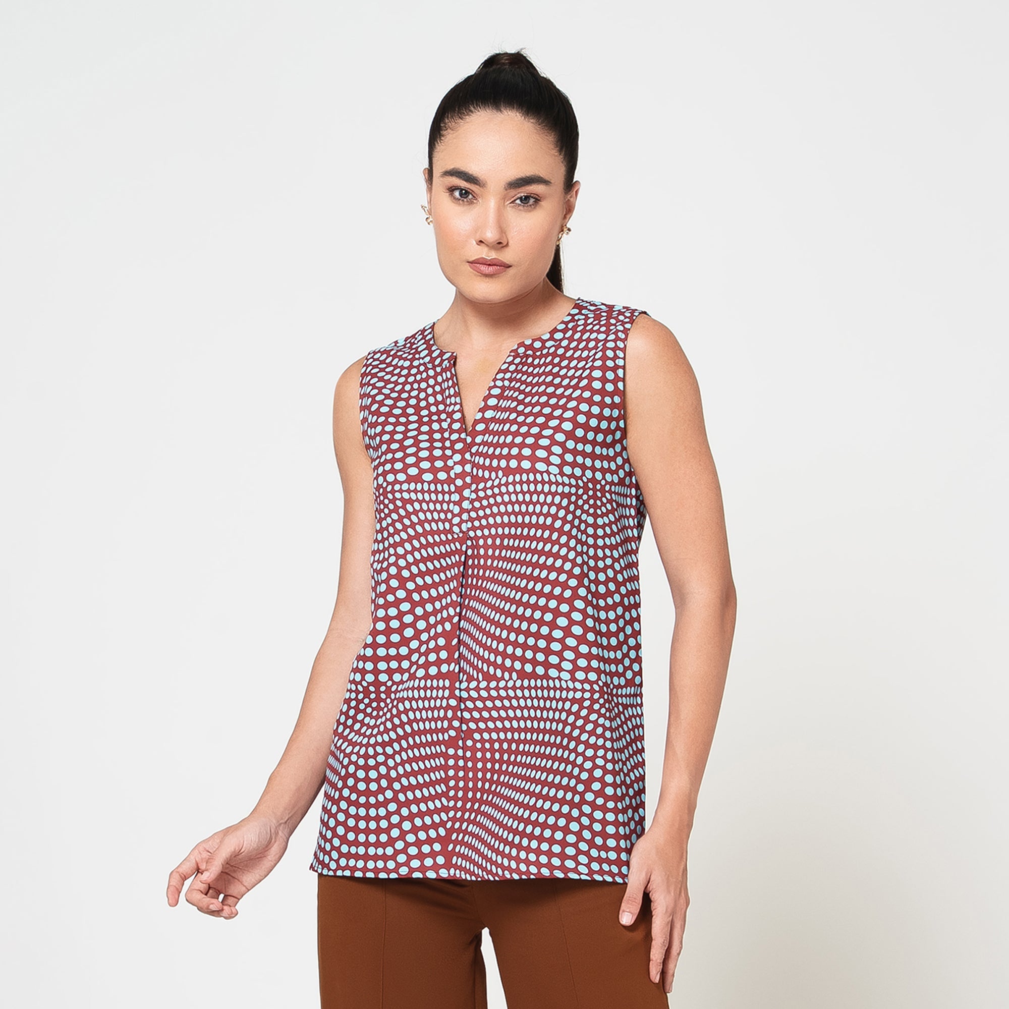 Blue and Brown Polka Print Crepe Top