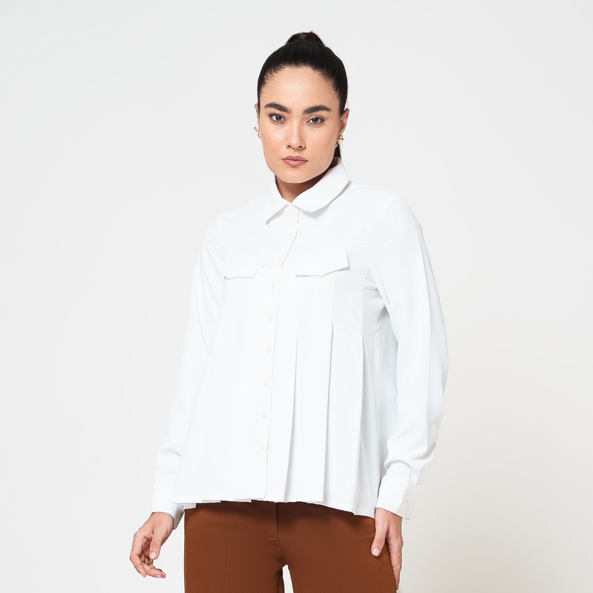 White Crepe Pleated Shirt