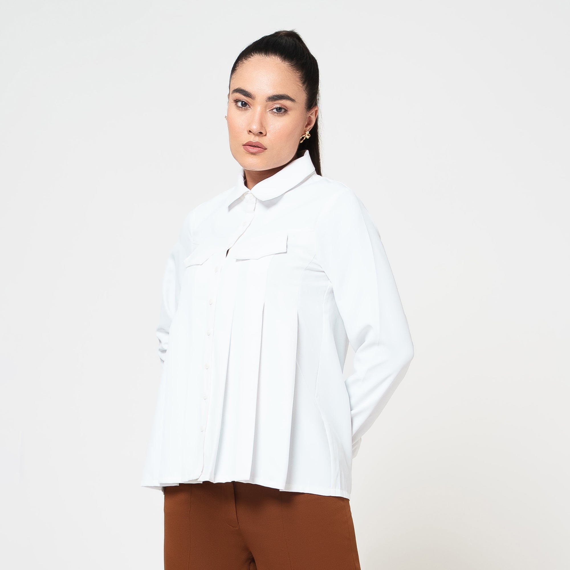 White Crepe Pleated Shirt