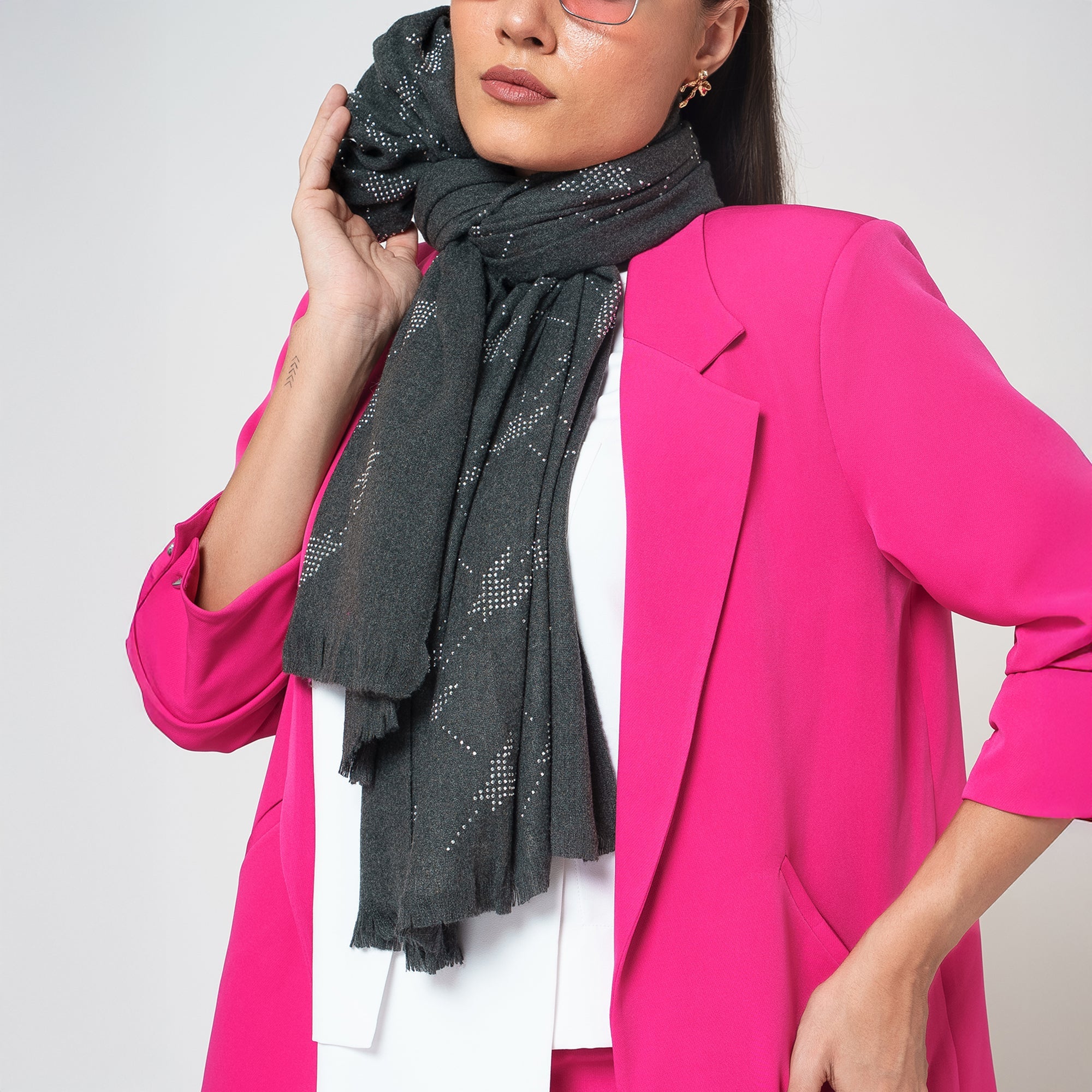 Grey Stole With Silver Crystal Studs