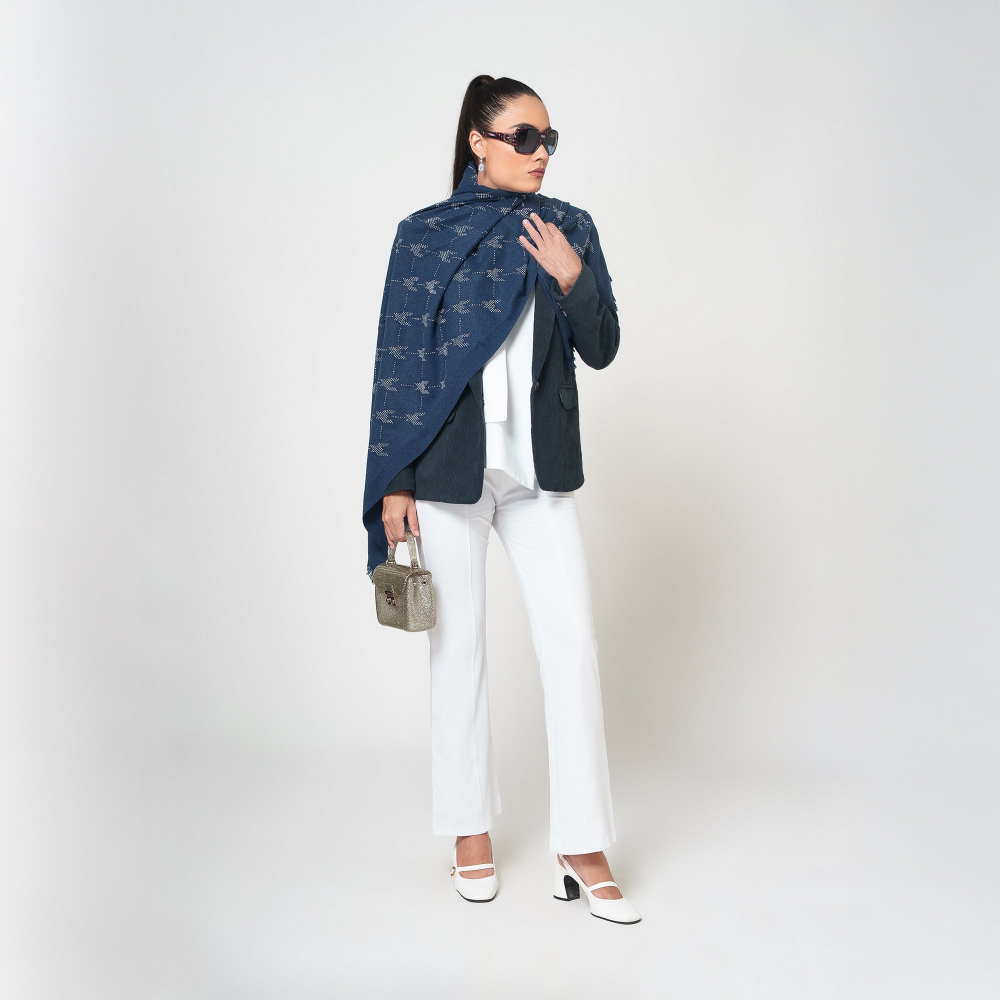 Blue Stole With Silver Crystal Studs