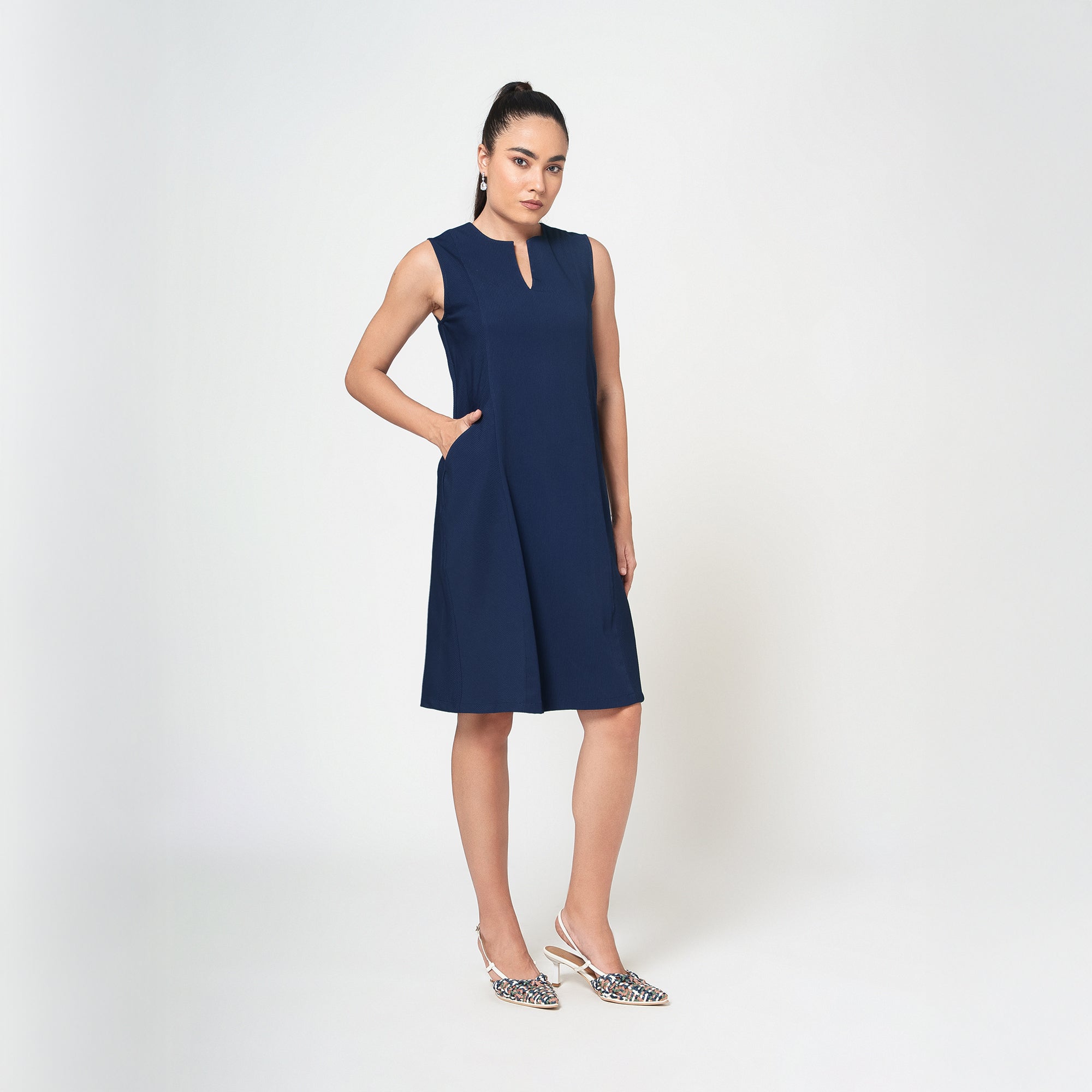 Navy Blue Textured Dress With Pockets