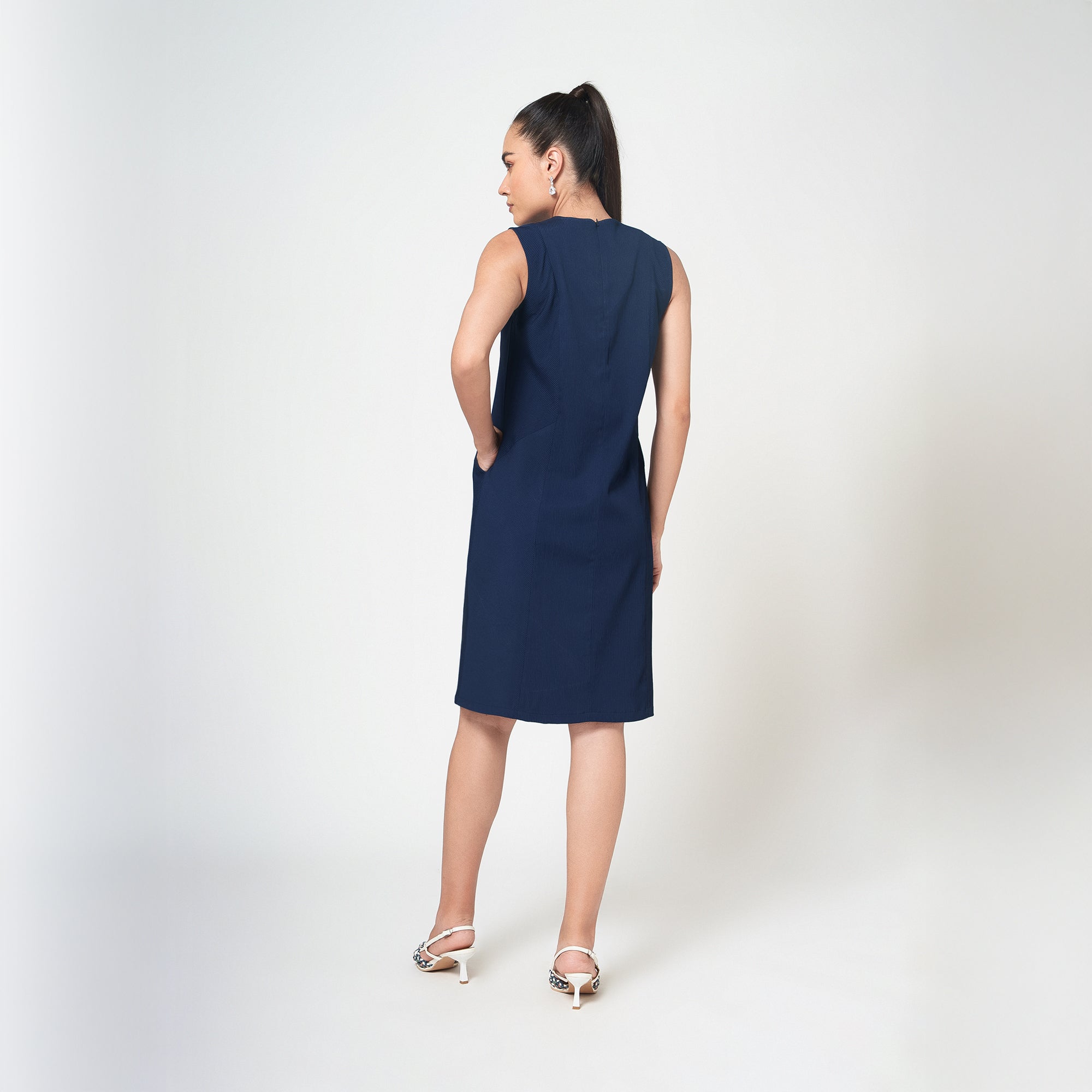 Navy Blue Textured Dress With Pockets