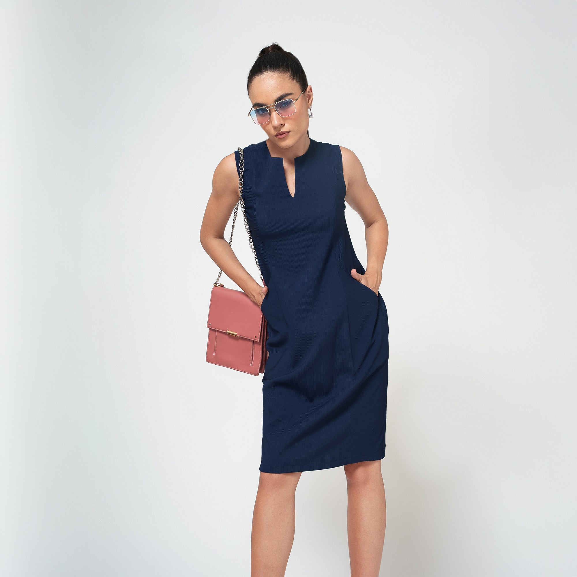 Navy Blue Textured Dress With Pockets