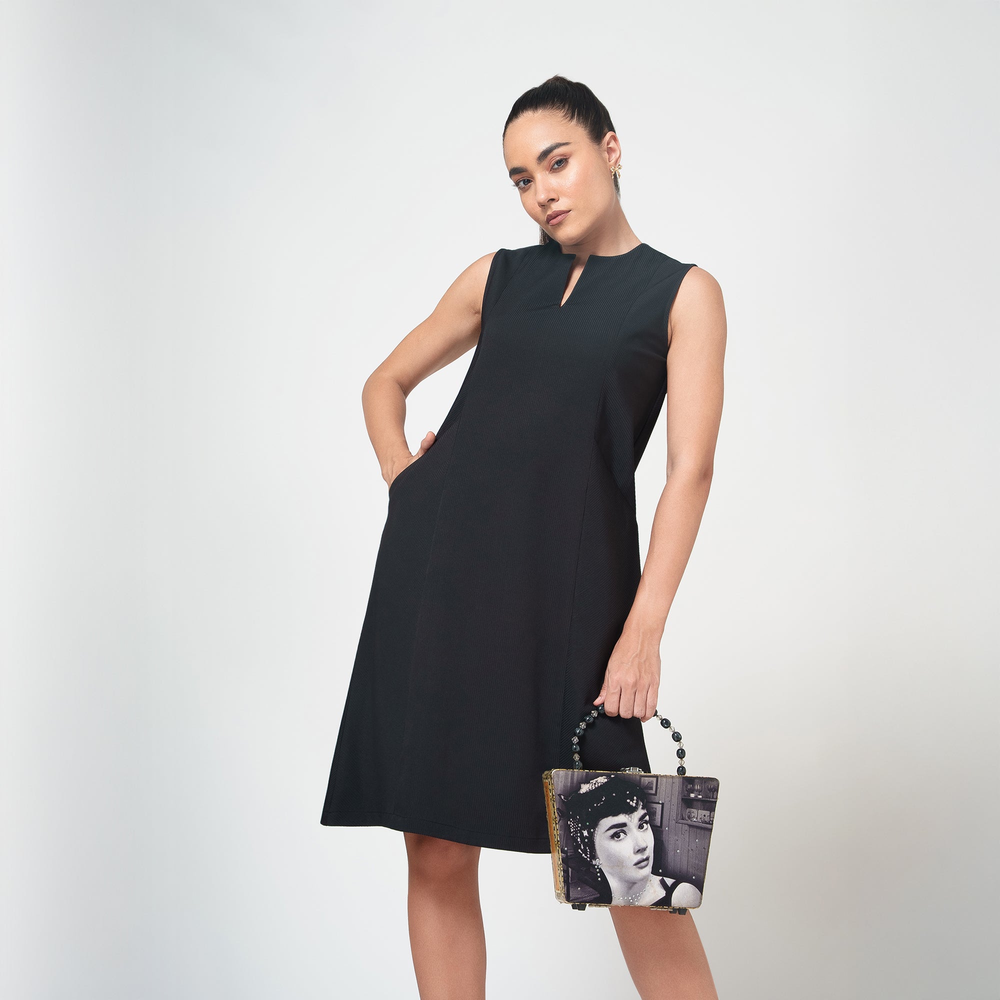 Black Textured Dress With Pockets
