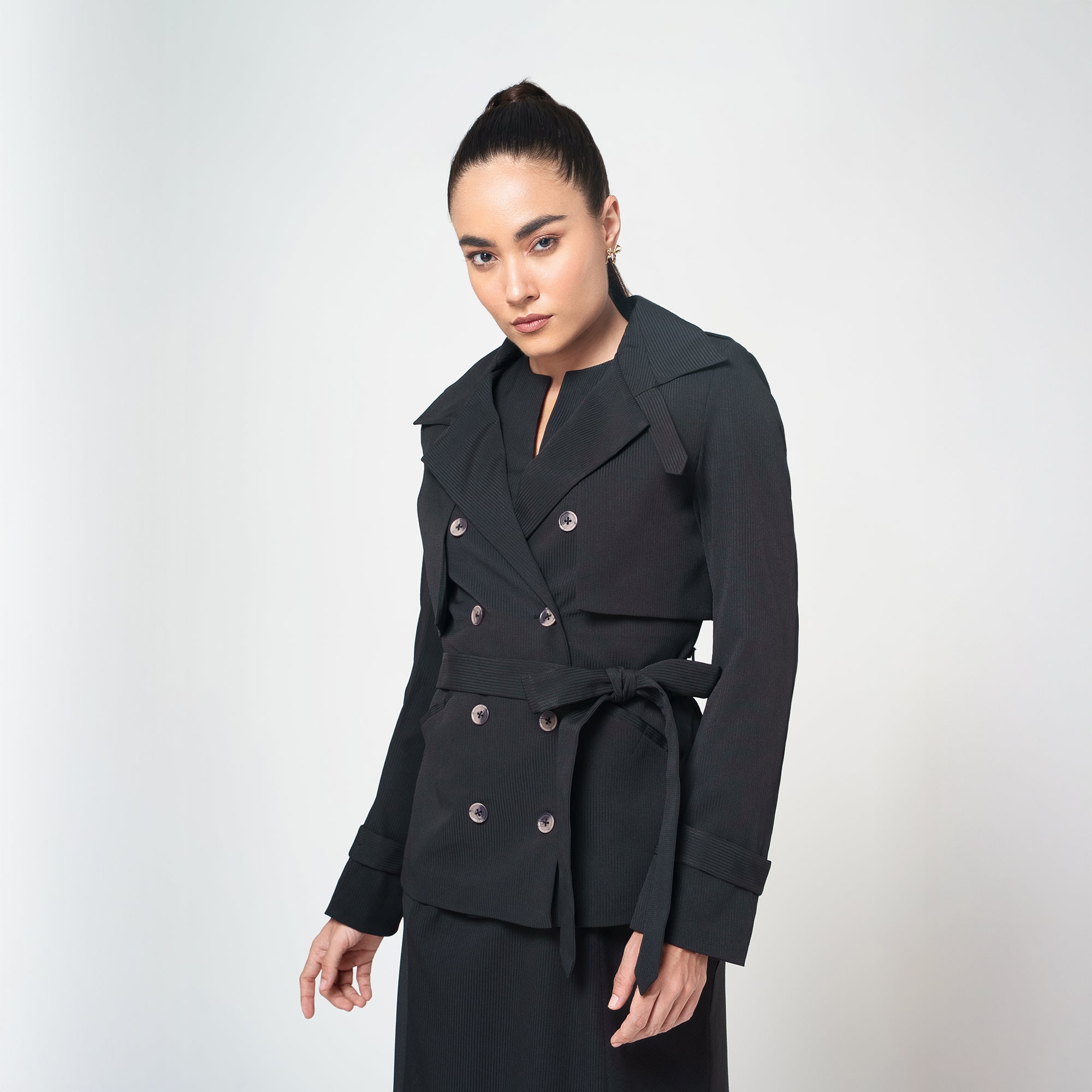 Black Texture Flap Overlap Jacket With Belt