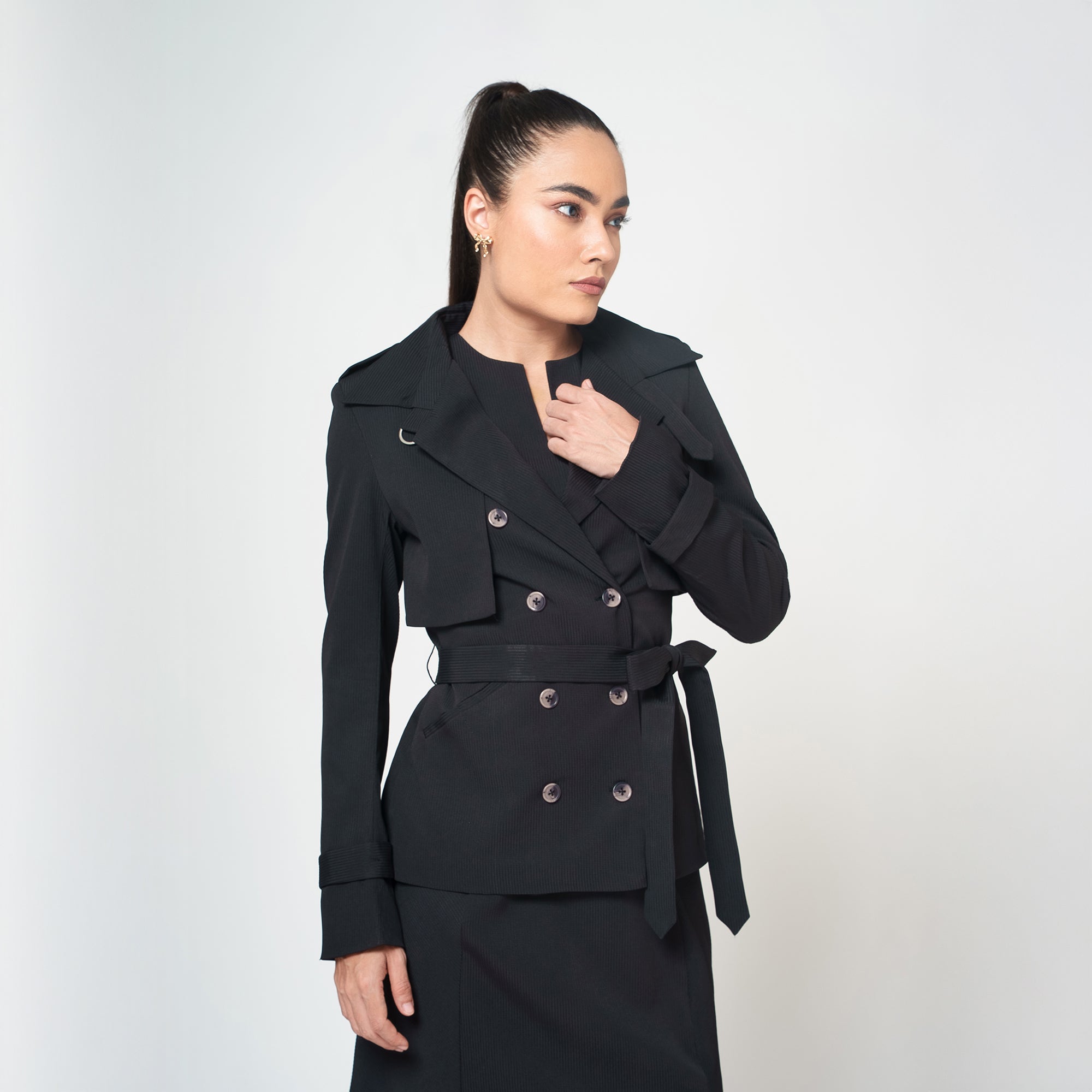 Black Texture Flap Overlap Jacket With Belt