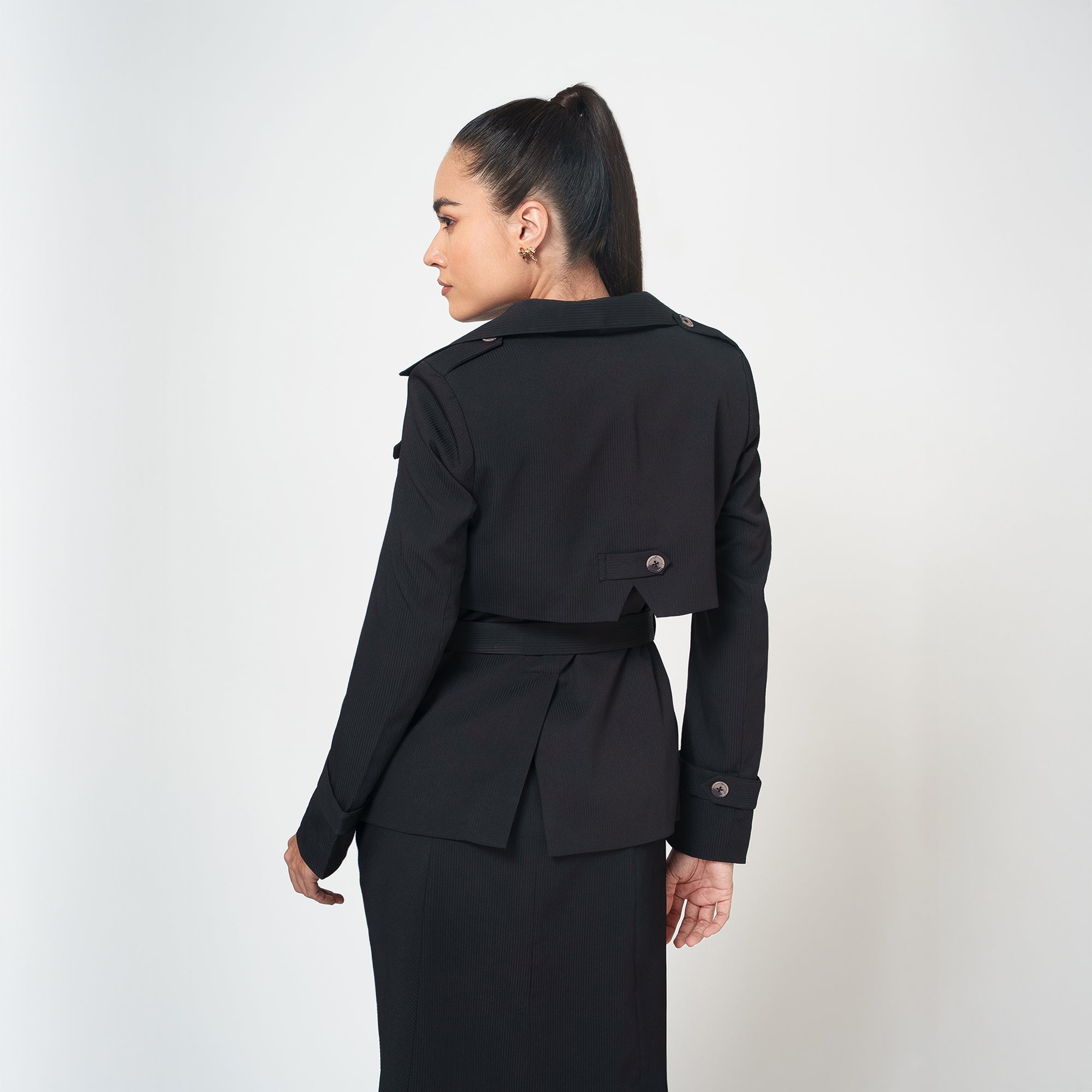 Black Texture Flap Overlap Jacket With Belt