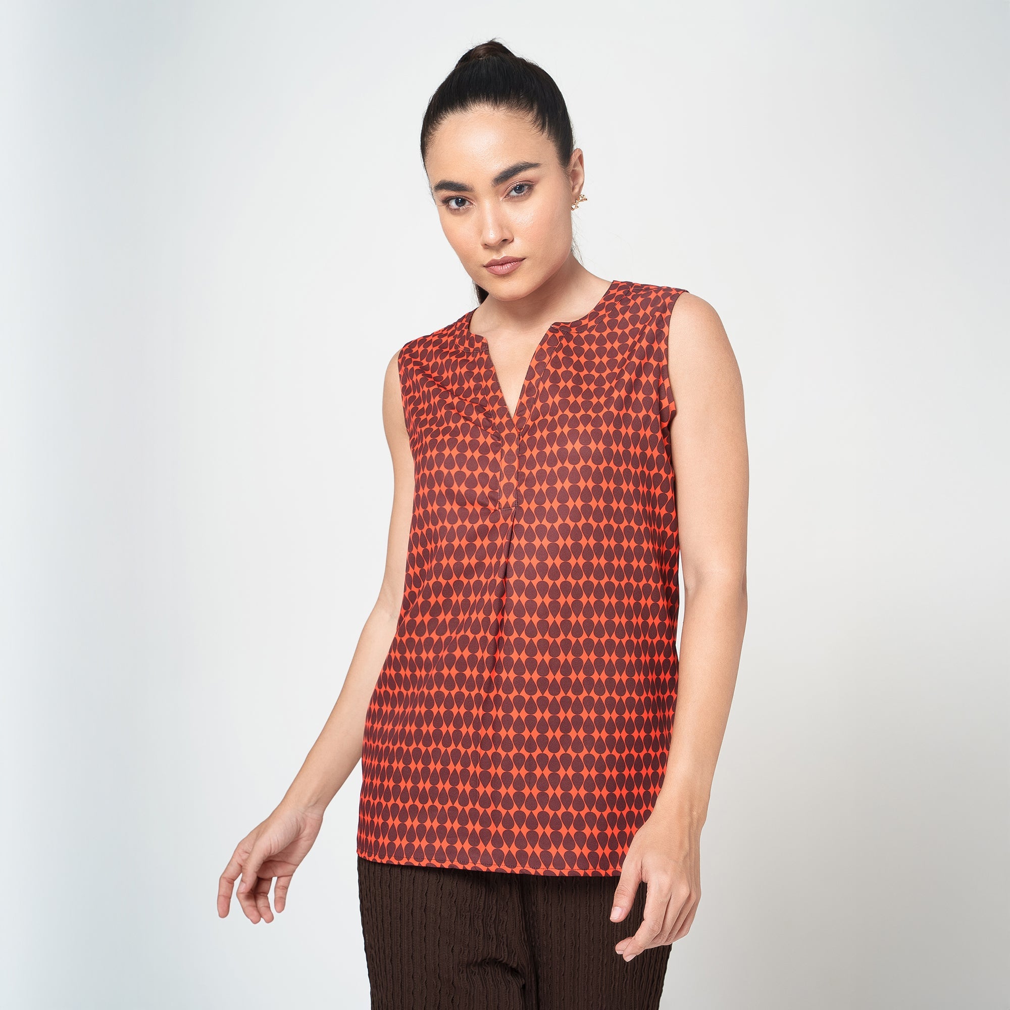 Orange and Brown Drop Print Crepe Top