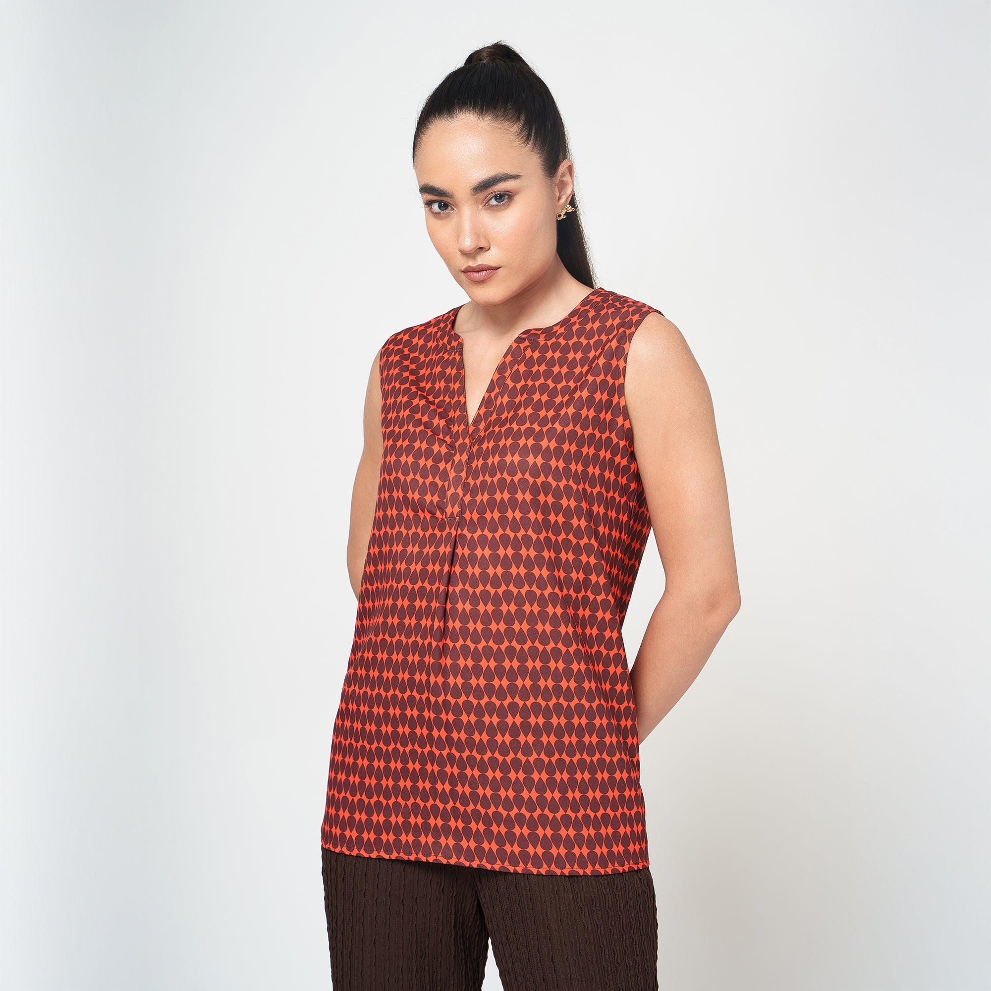 Orange and Brown Drop Print Crepe Top