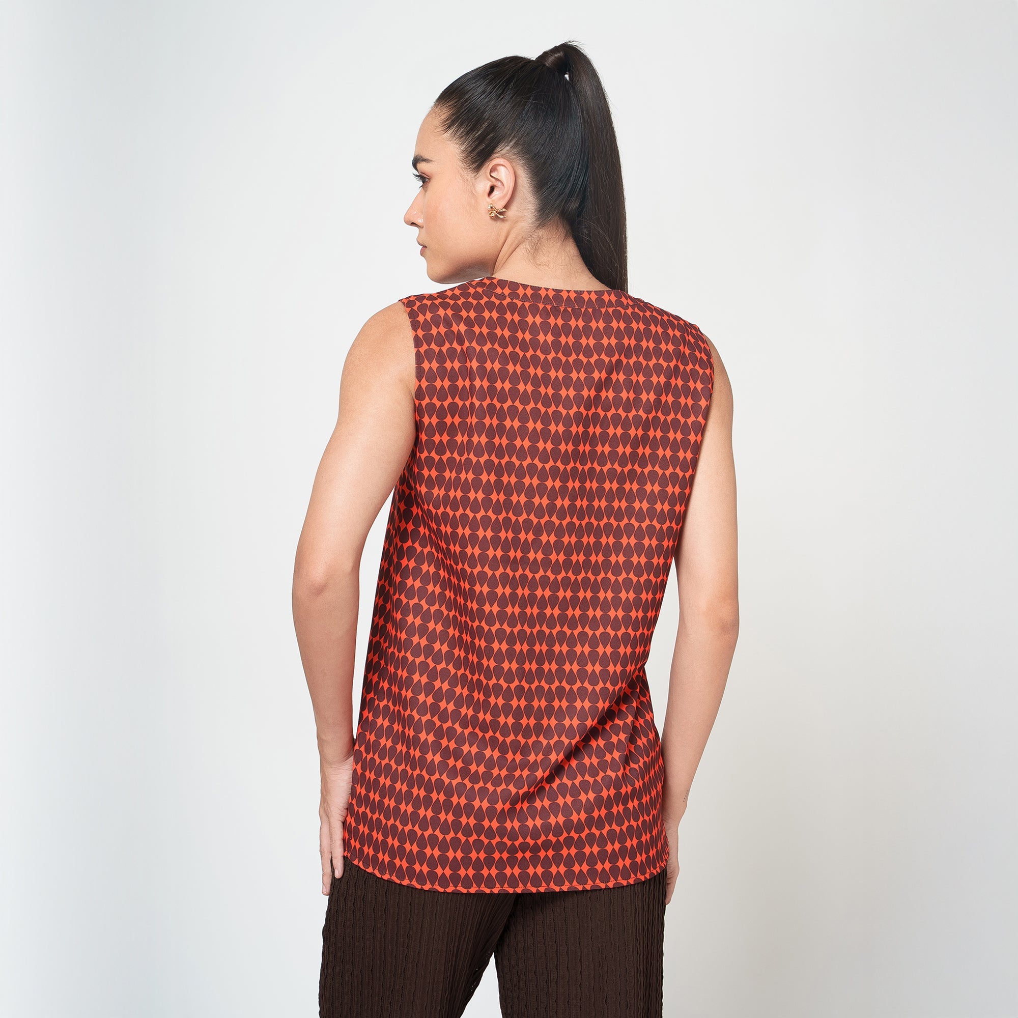 Orange and Brown Drop Print Crepe Top