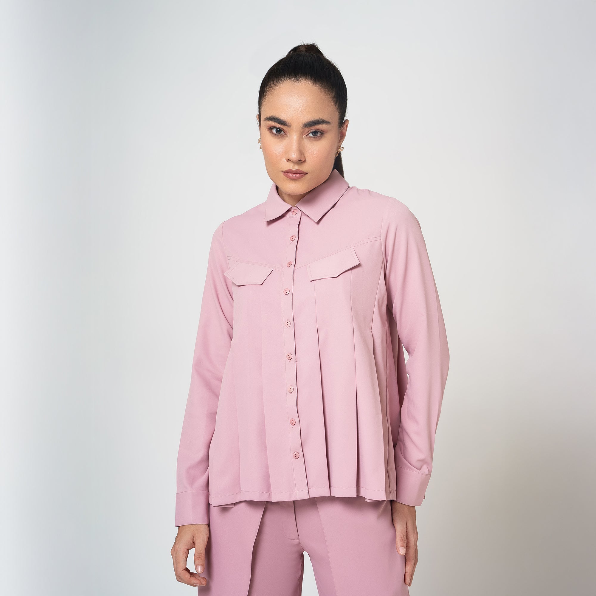 Peach Crepe Pleated Shirt
