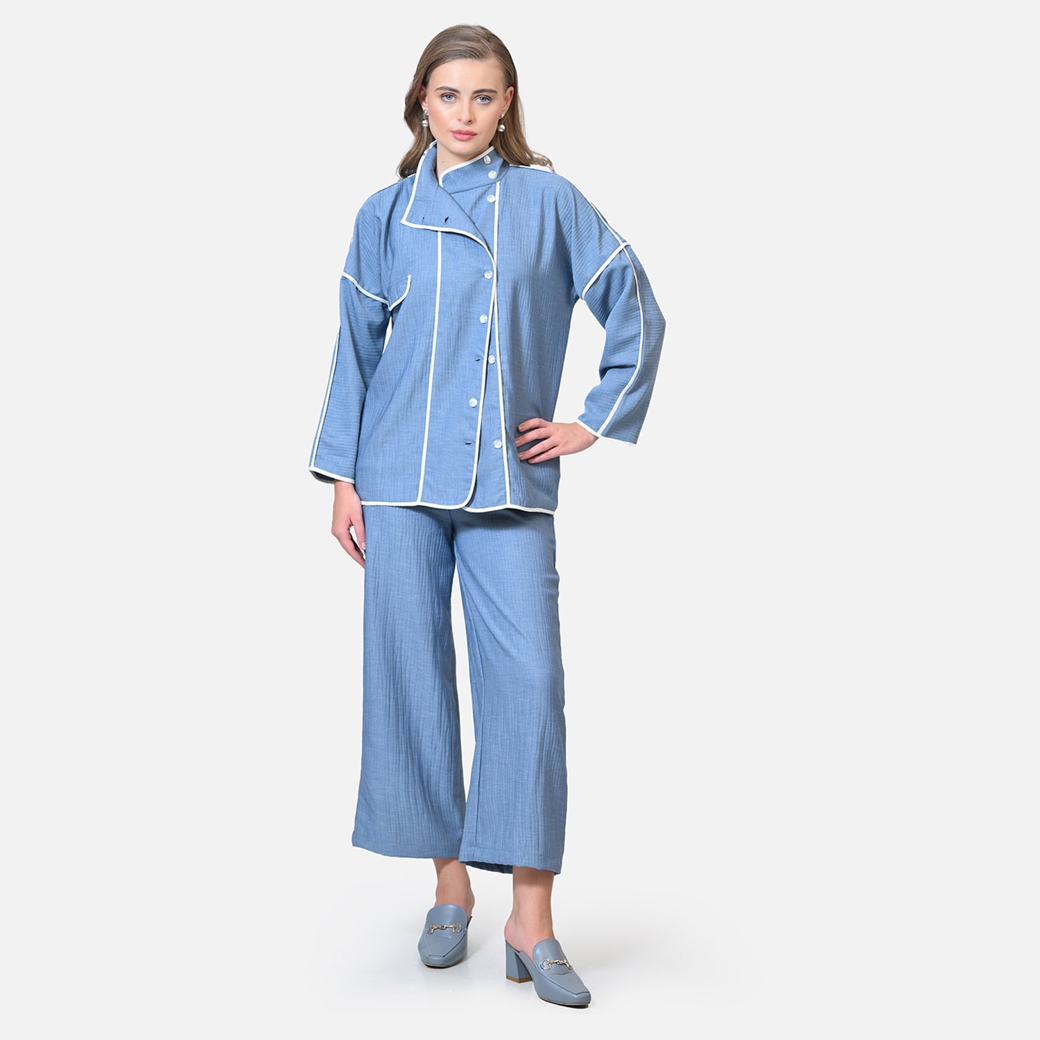 Blue Texture Line Jacket With White Piping