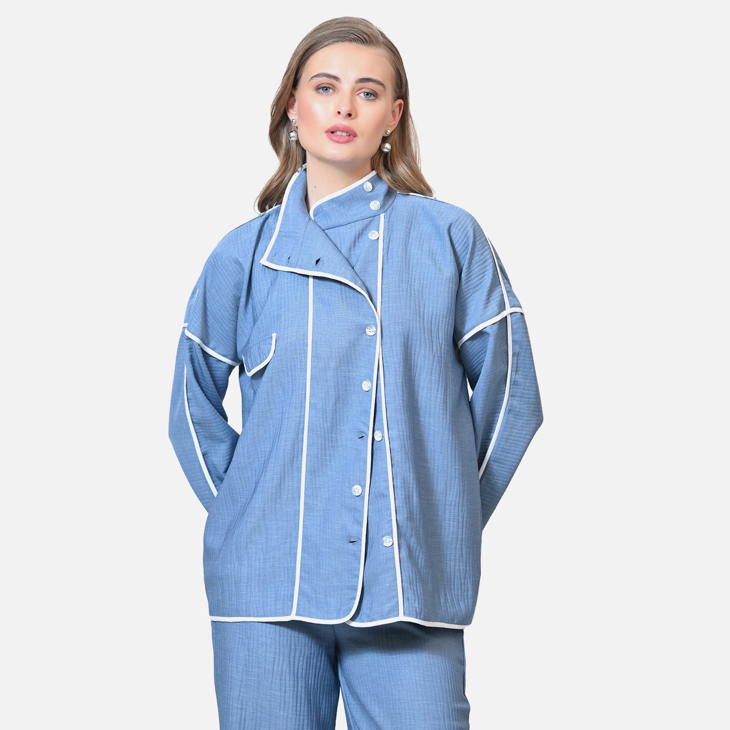 Blue Texture Line Jacket With White Piping