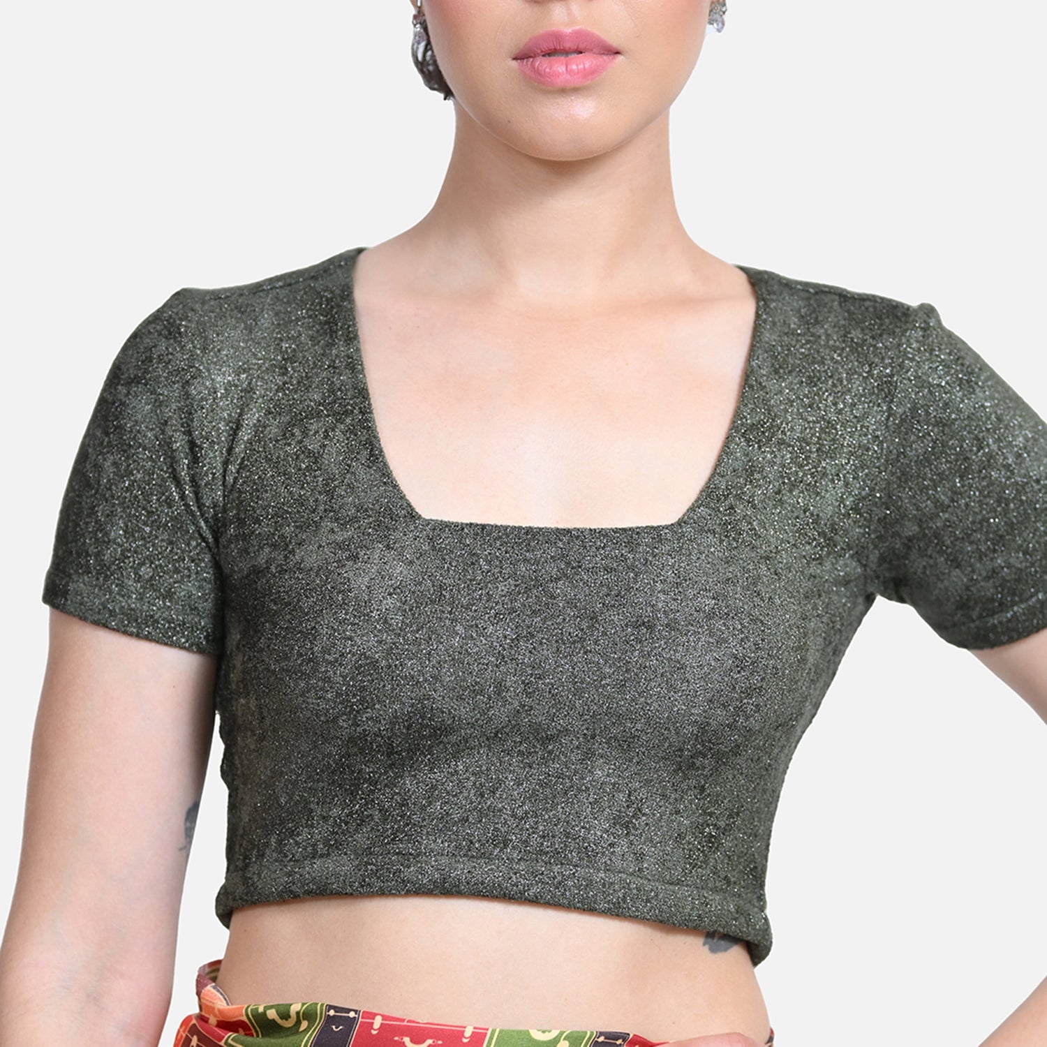 Dark Green Glass Neck Velvet Blouse