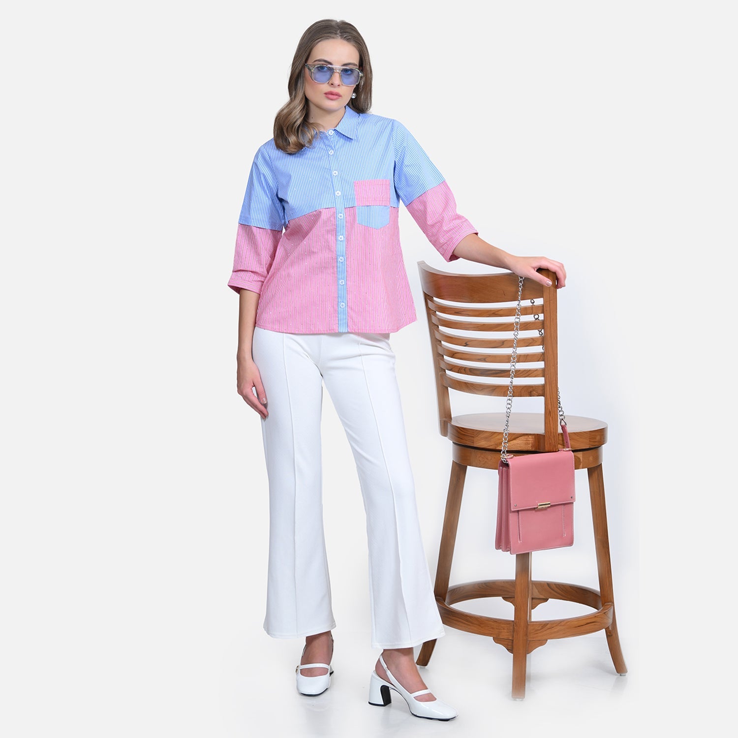Half Blue Half Pink Shirt With Studs