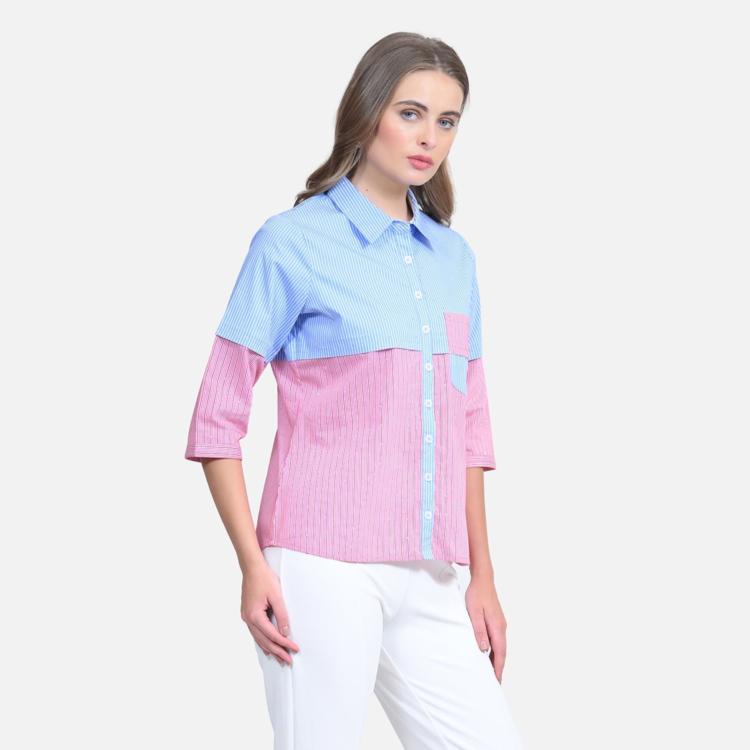 Half Blue Half Pink Shirt With Studs