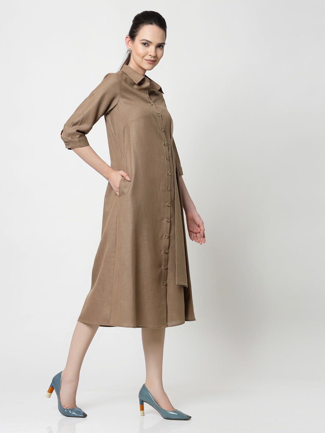 Dark Beige Cotton Pleated Long Dresses for Women-2