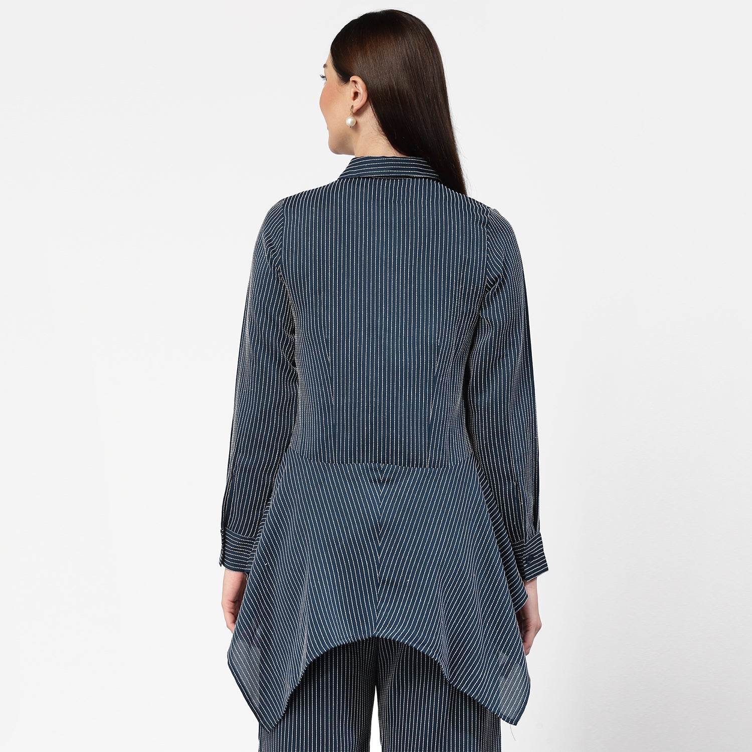 Dark Blue Asymmetrical Shirt With White Lines, Formal Tops for women	