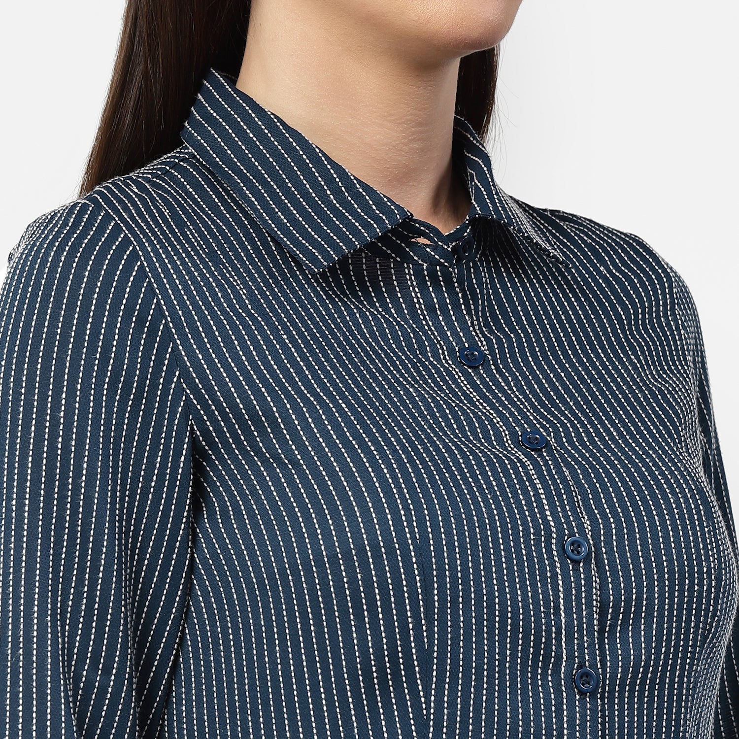 Dark Blue Asymmetrical Shirt With White Lines, Formal Tops for women	