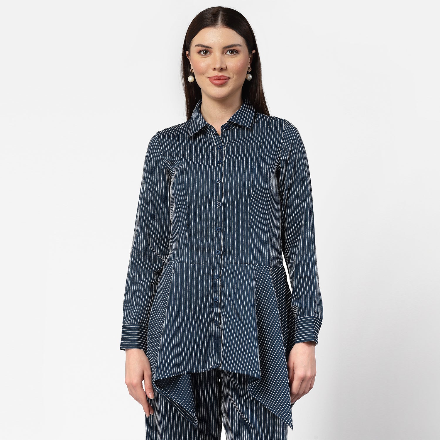 Dark Blue Asymmetrical Shirt With White Lines, Formal Tops for women	