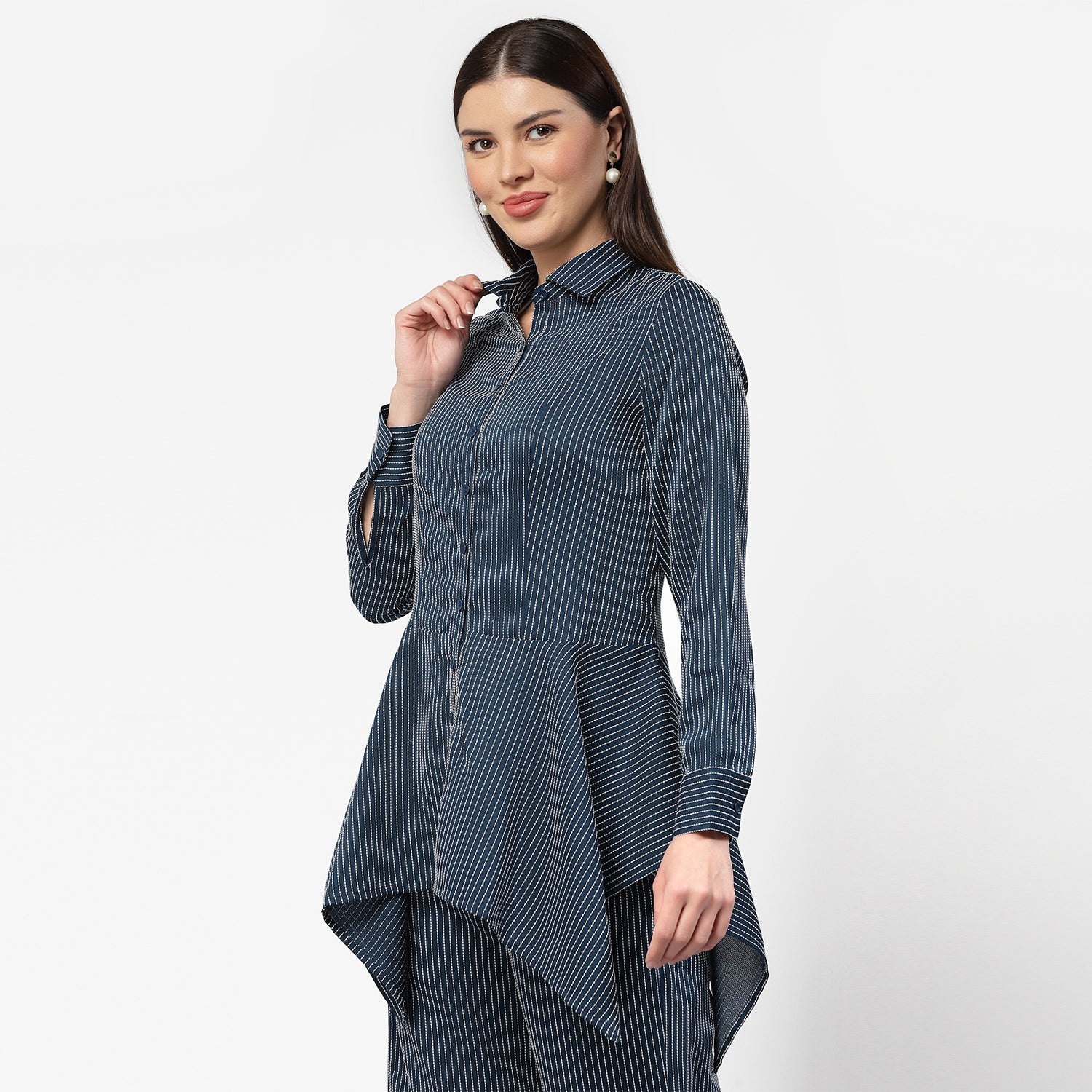 Dark Blue Asymmetrical Shirt With White Lines, Formal Tops for women	