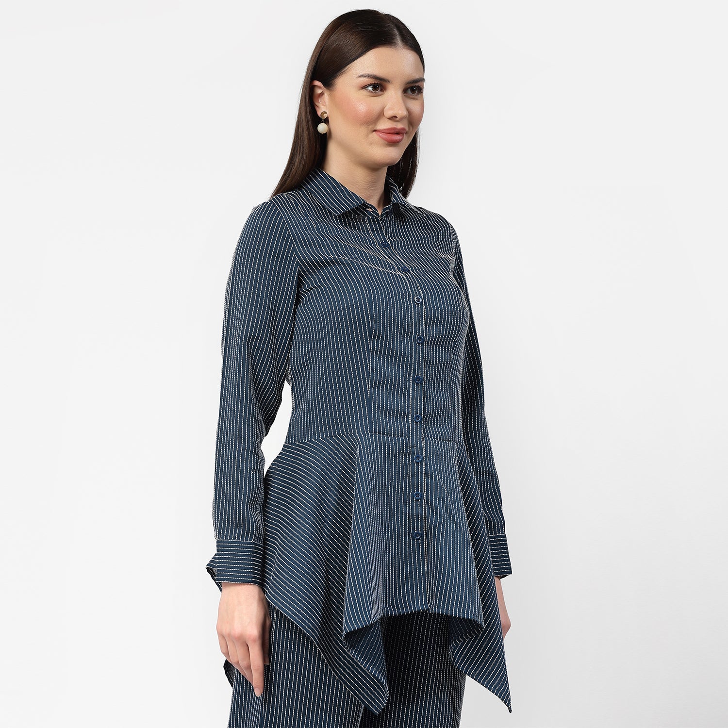 Dark Blue Asymmetrical Shirt With White Lines, Formal Tops for women	