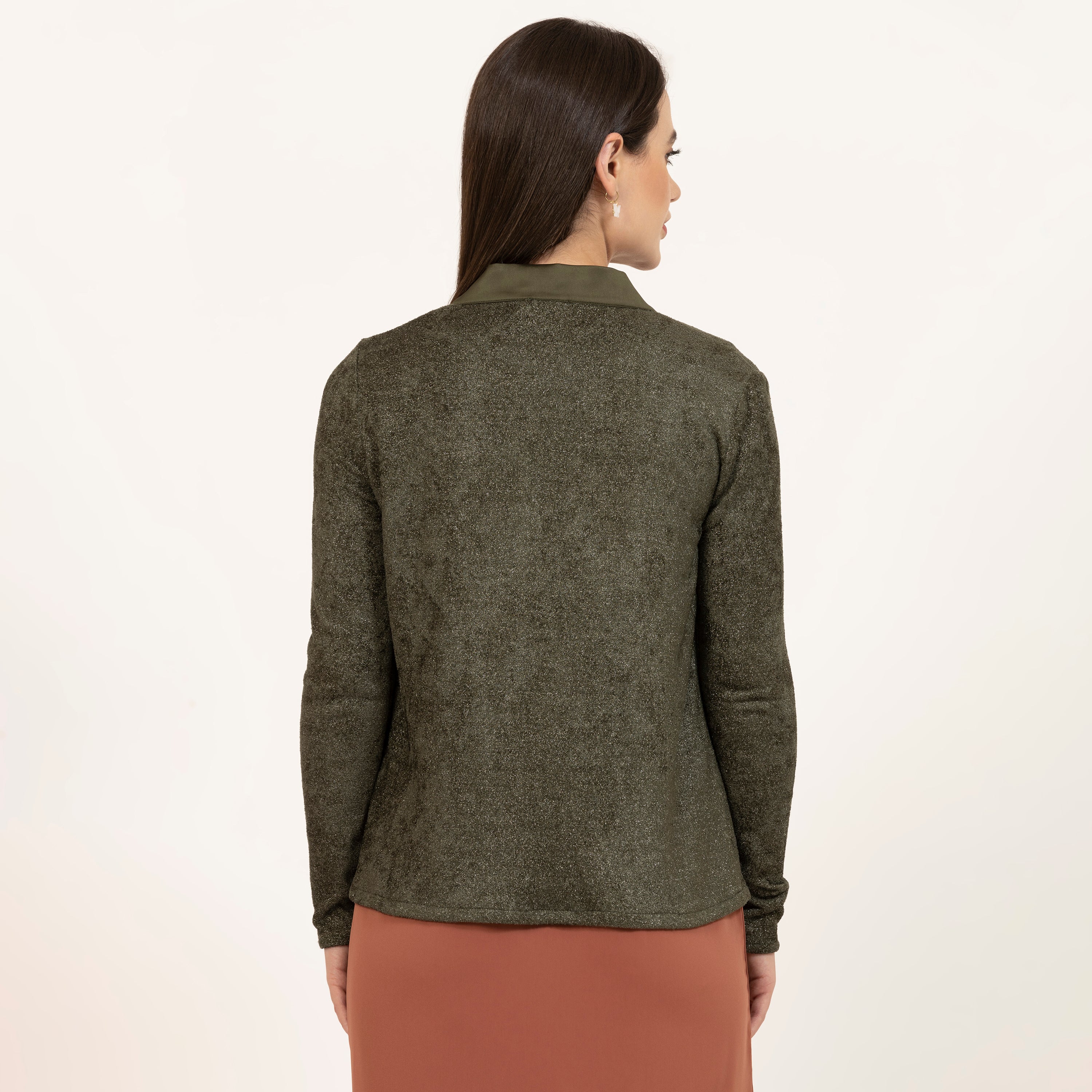 Dark Green Shimmer Velvet Lycra Shrug with Satin-4