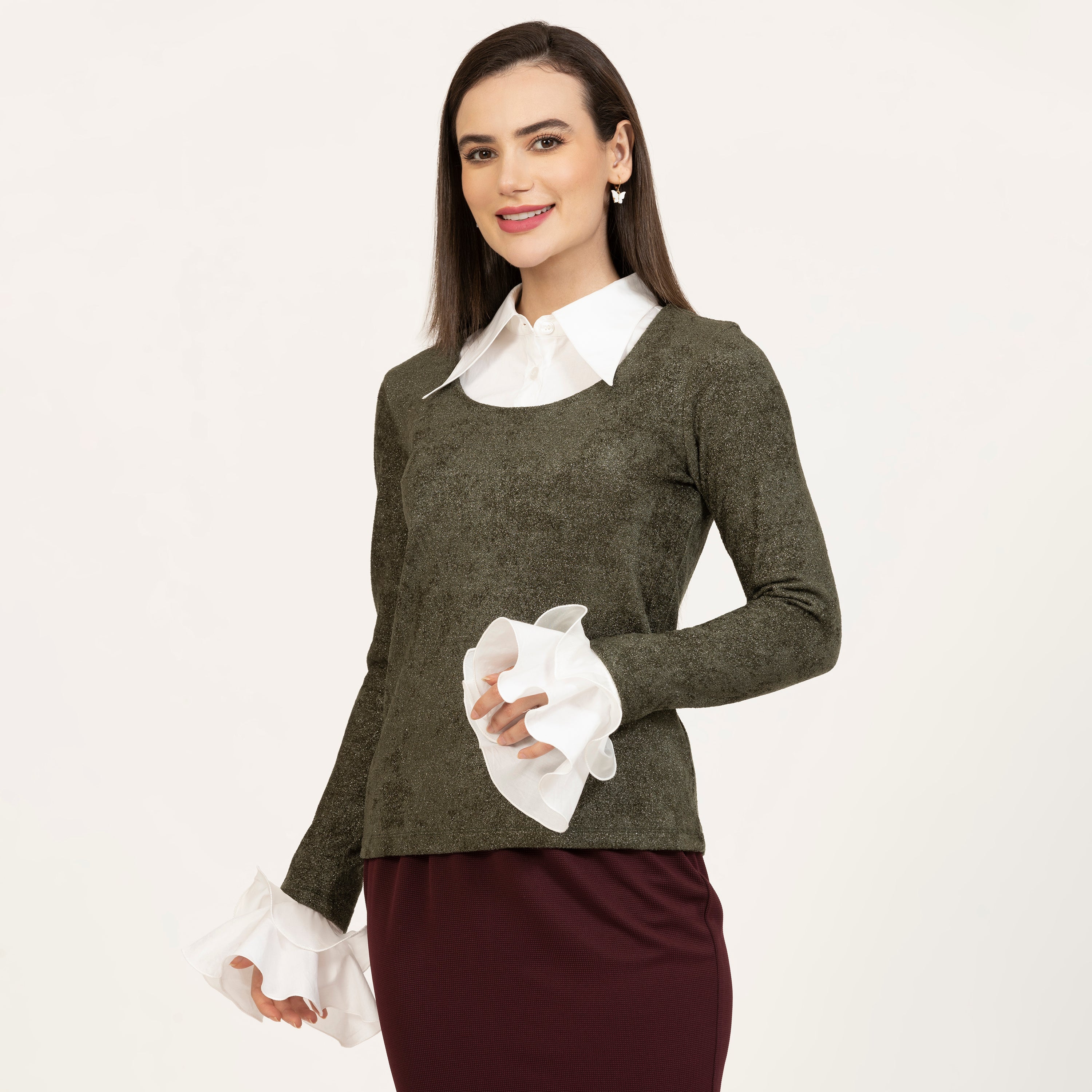 Dark Green Shimmer Velvet Top With Detachable Collar & Cuff, office tops for women, stylish tops for women, modern tops for office, trendy tops, casual office looks, formal office wear for women, Detachable hands Collar, white hand collar
