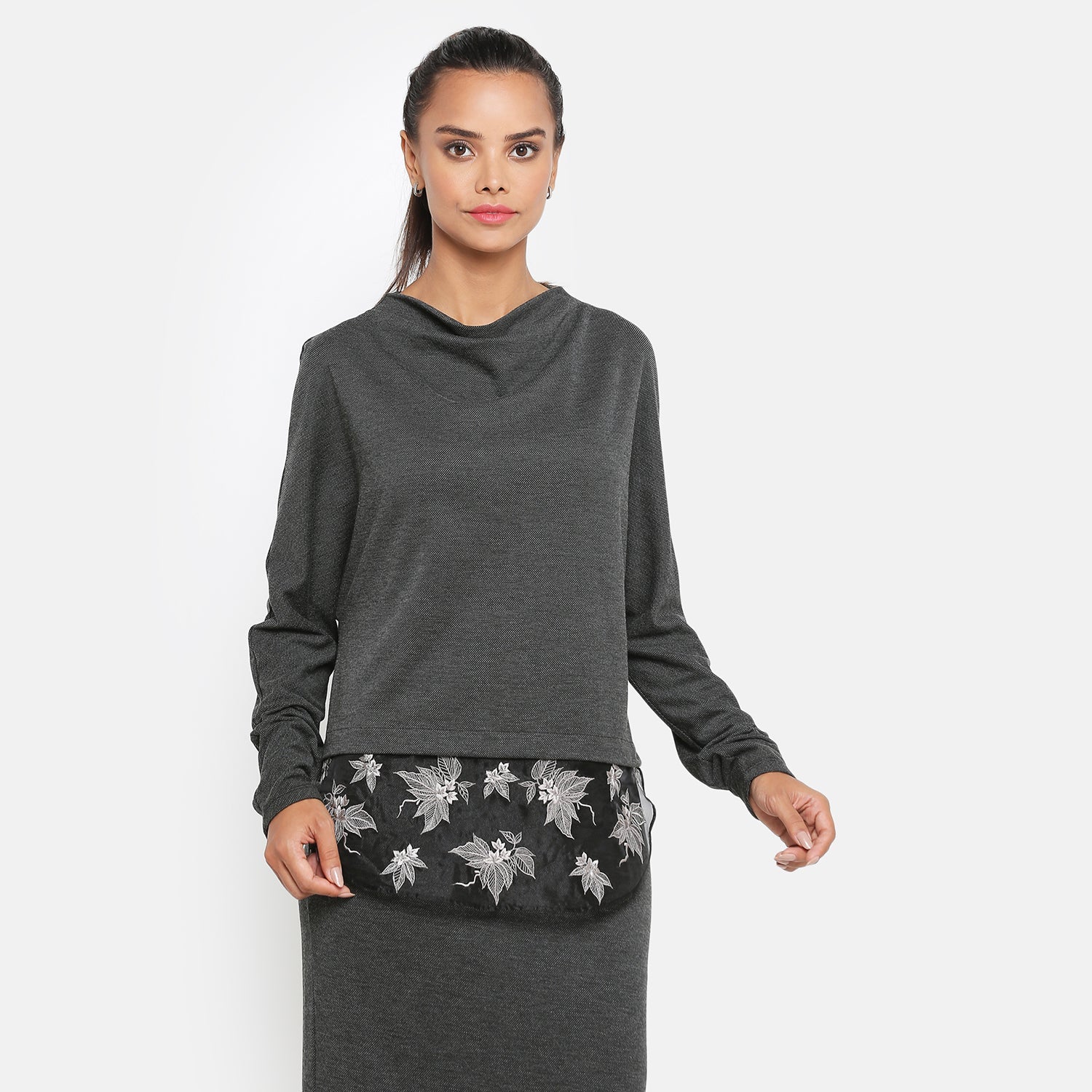 Dark Grey Top with Organza Embroidery