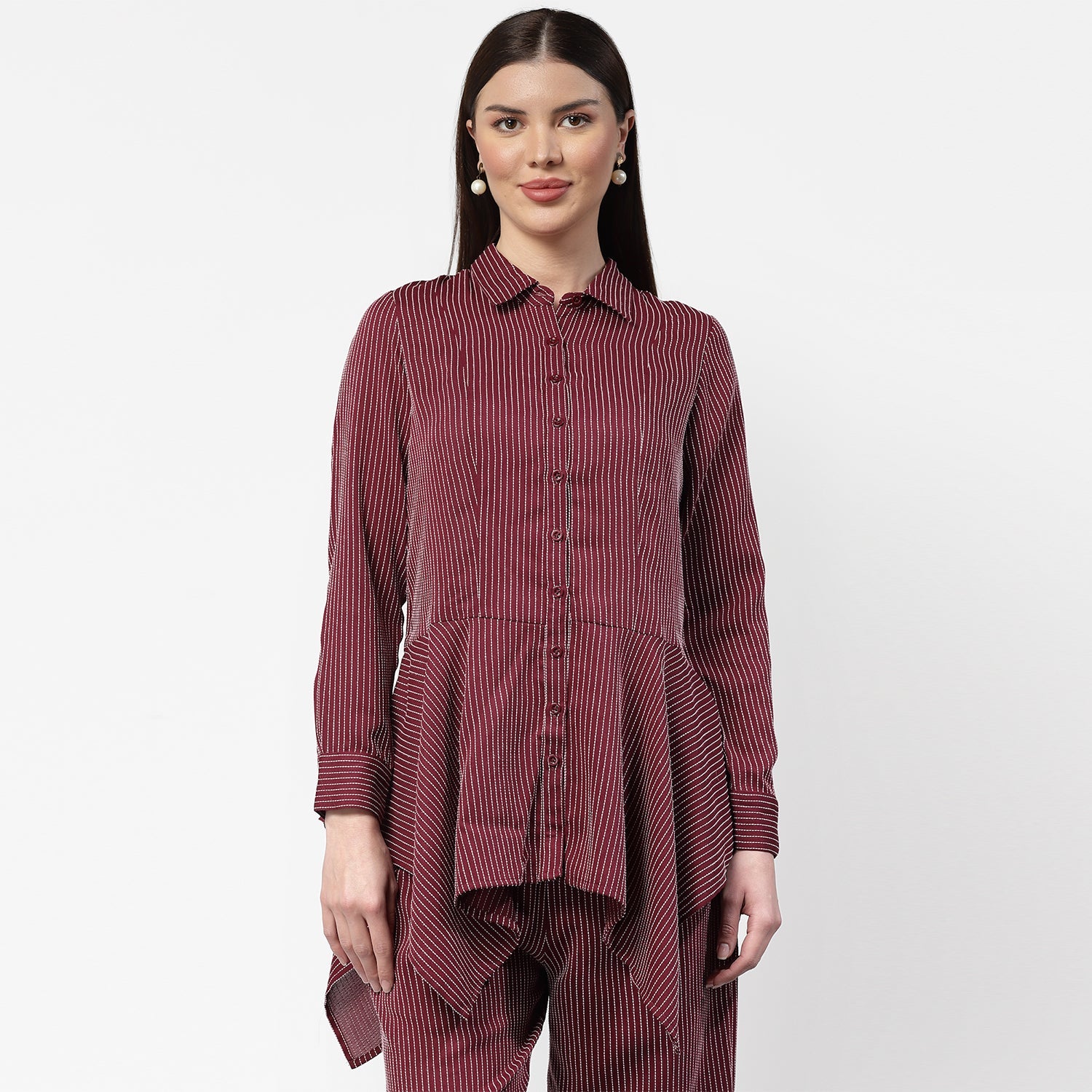 Dark Pink Asymmetrical Shirt With White Lines,womens formal shirts	
cotton shirts for women	
Ofiice shirts for women	