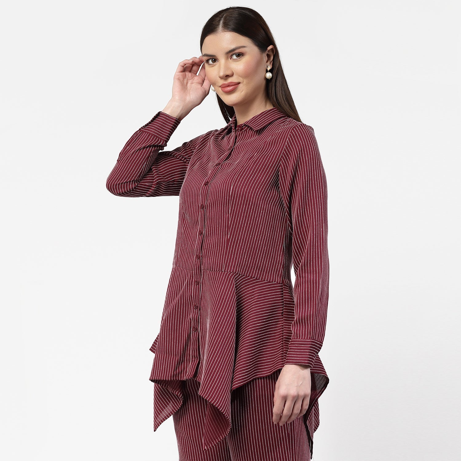 Dark Pink Asymmetrical Shirt With White Lines,womens formal shirts	
cotton shirts for women	
Ofiice shirts for women	