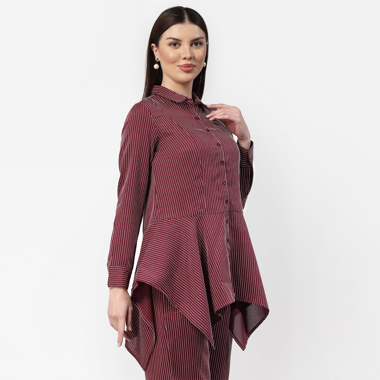 Dark Pink Asymmetrical Shirt With White Lines,womens formal shirts	
cotton shirts for women	
Ofiice shirts for women	