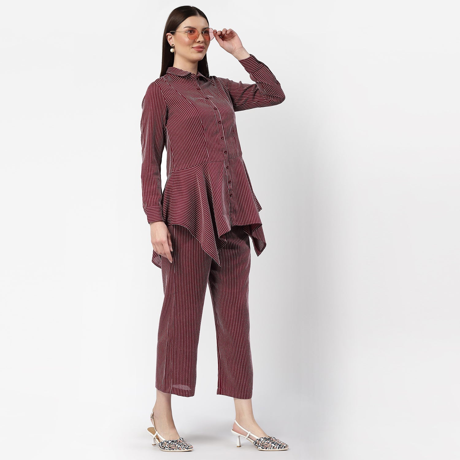 Dark Pink Asymmetrical Shirt With White Lines,womens formal shirts	
cotton shirts for women	
Ofiice shirts for women	