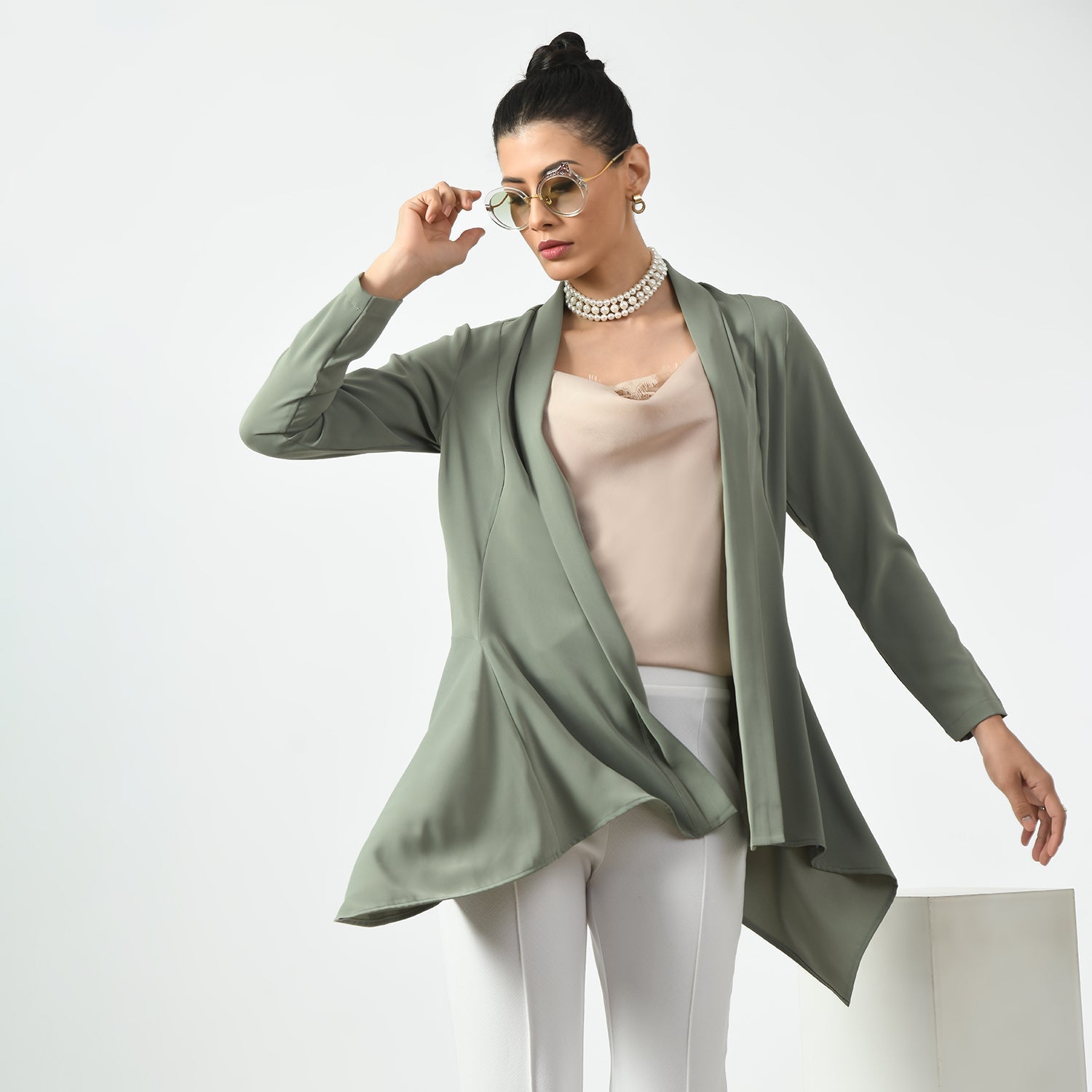 Dusty Green Asymmetrical Jacket,  jacket for women, green jacket, dusty green, Power Dressing Essentials,Chic Layers for Office Looks ,Smart Jackets for Professionals, casual officewear jacket