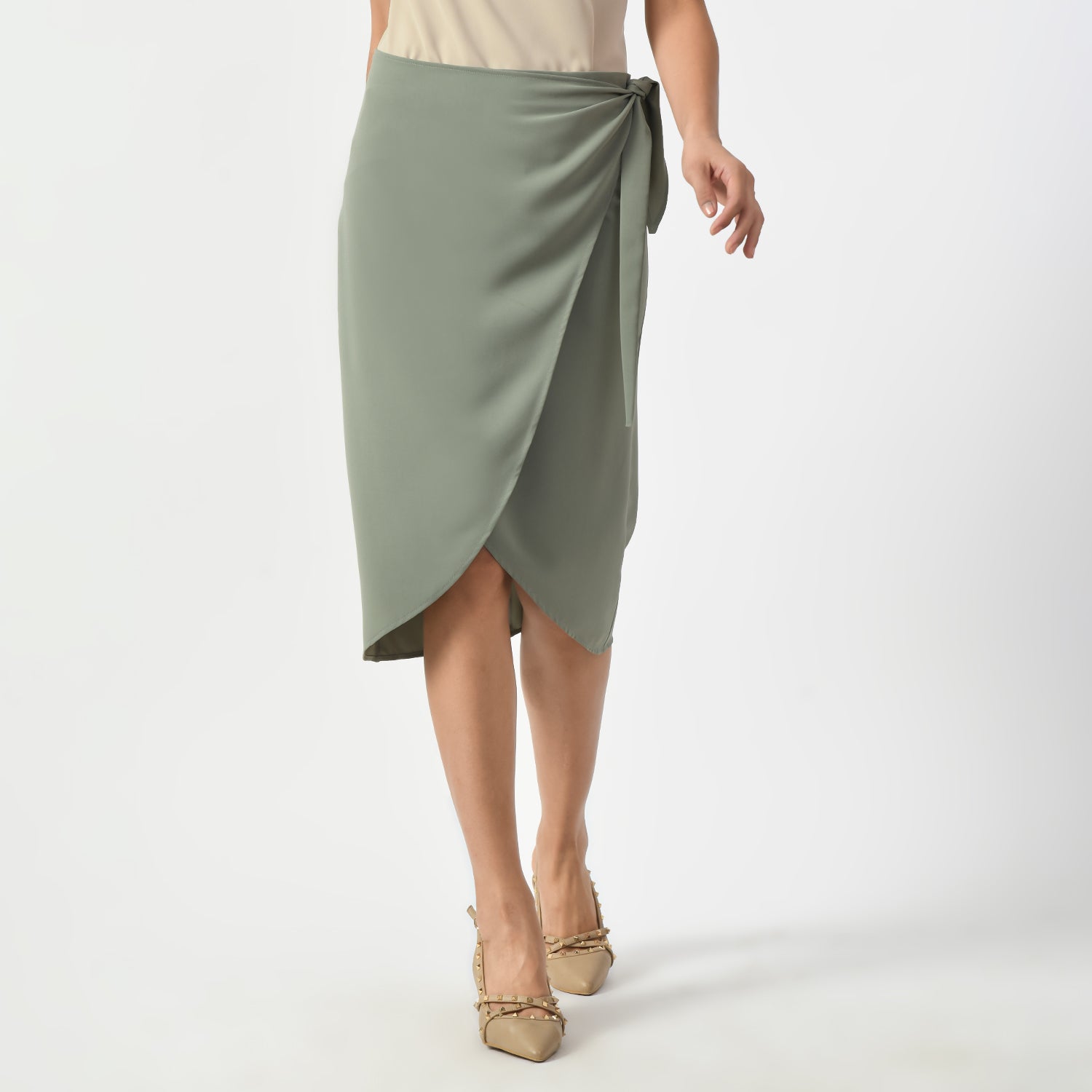 Dusty Green Overlap Skirt With Tie Knot, skirt with knot  , overlap skirts, green skirts, formal frocks for work , office dresses for women, traditional office skirts , designer skirts for work