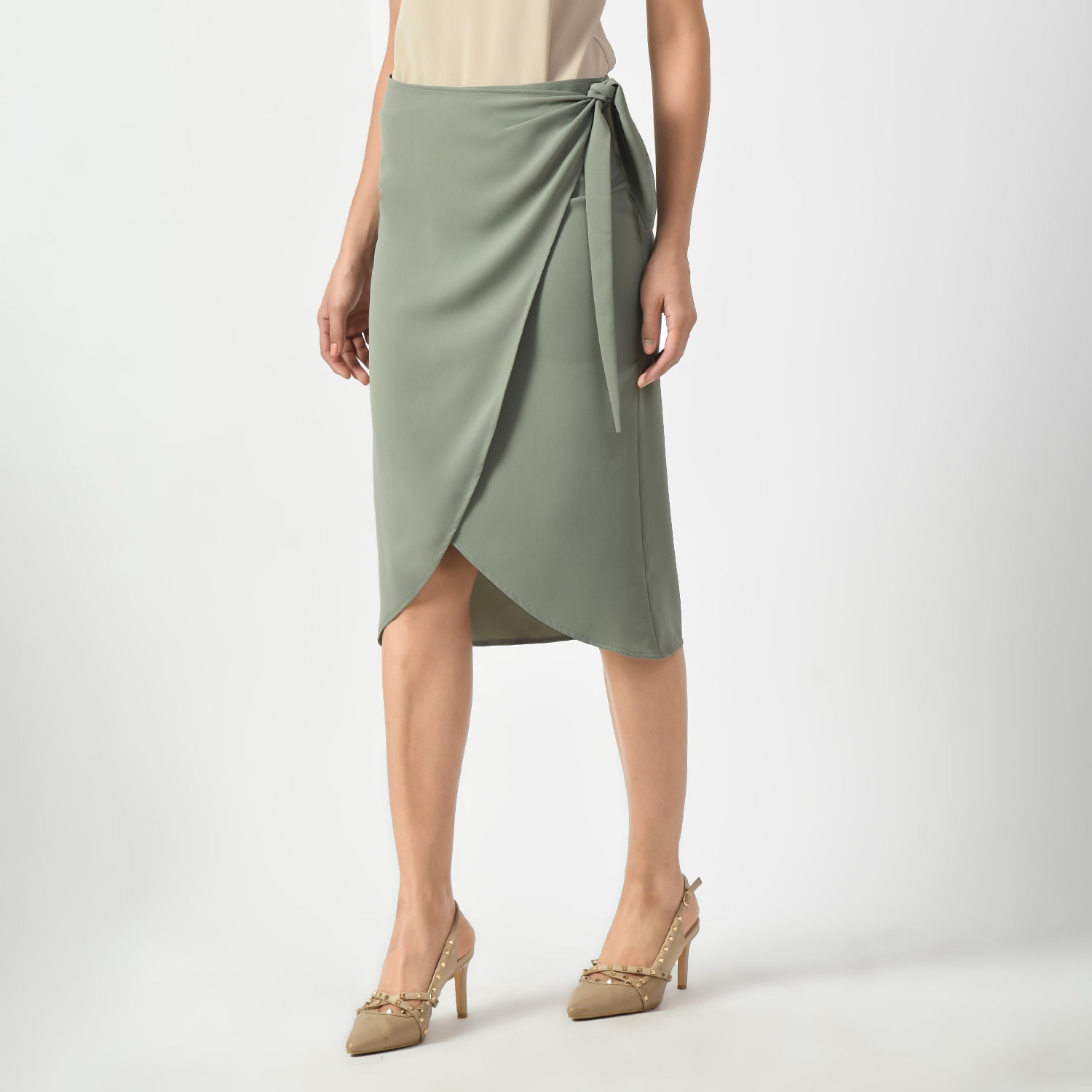 Dusty Green Overlap Skirt With Tie Knot, skirt with knot  , overlap skirts, green skirts, formal frocks for work , office dresses for women, traditional office skirts , designer skirts for work