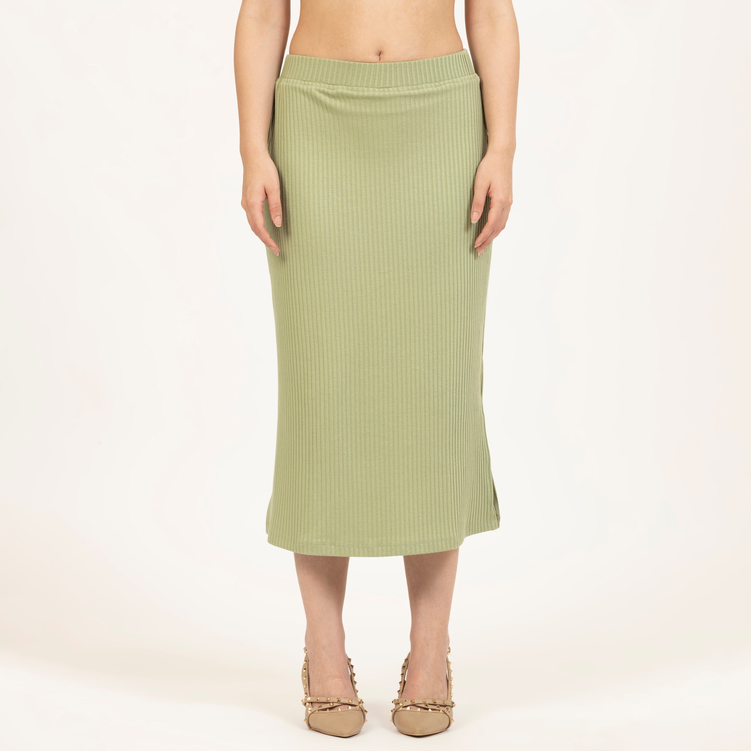 Green Ribbed Slit Skirt, 
skirt design, slit skirt, long skirt, 
latest skirt design, 
skirt dress for girls, green colour skirt, green skirt