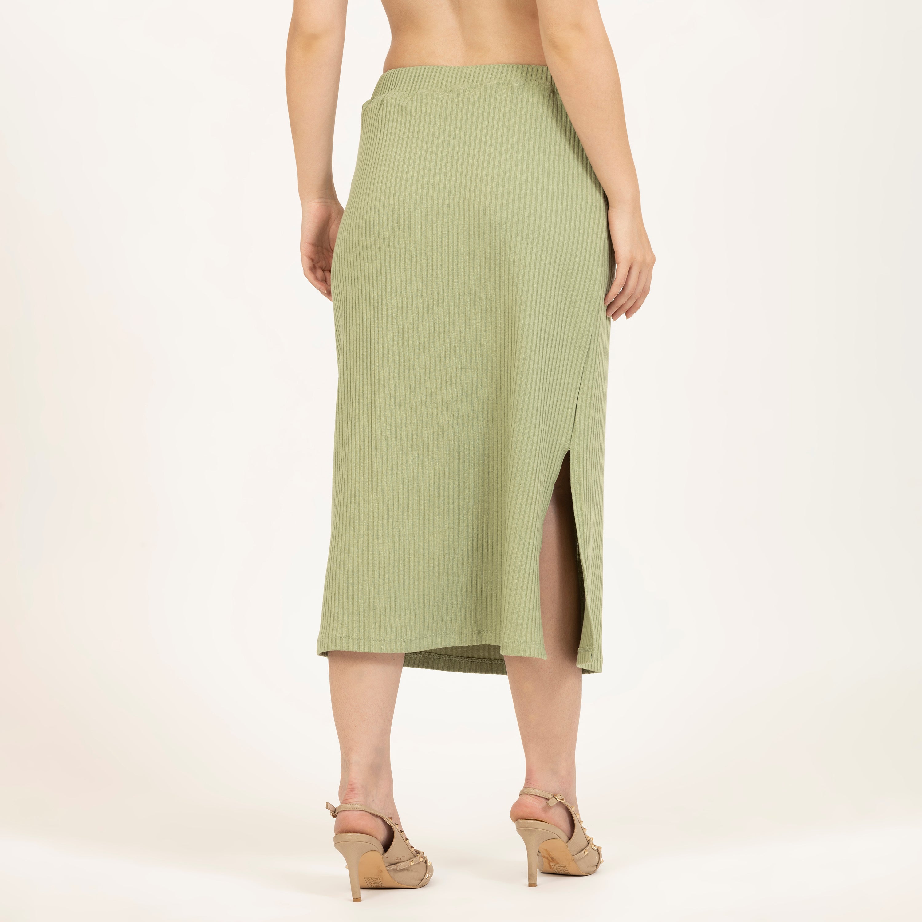 Green Ribbed Slit Skirt, 
skirt design, slit skirt, long skirt, 
latest skirt design, 
skirt dress for girls, green colour skirt, green skirt