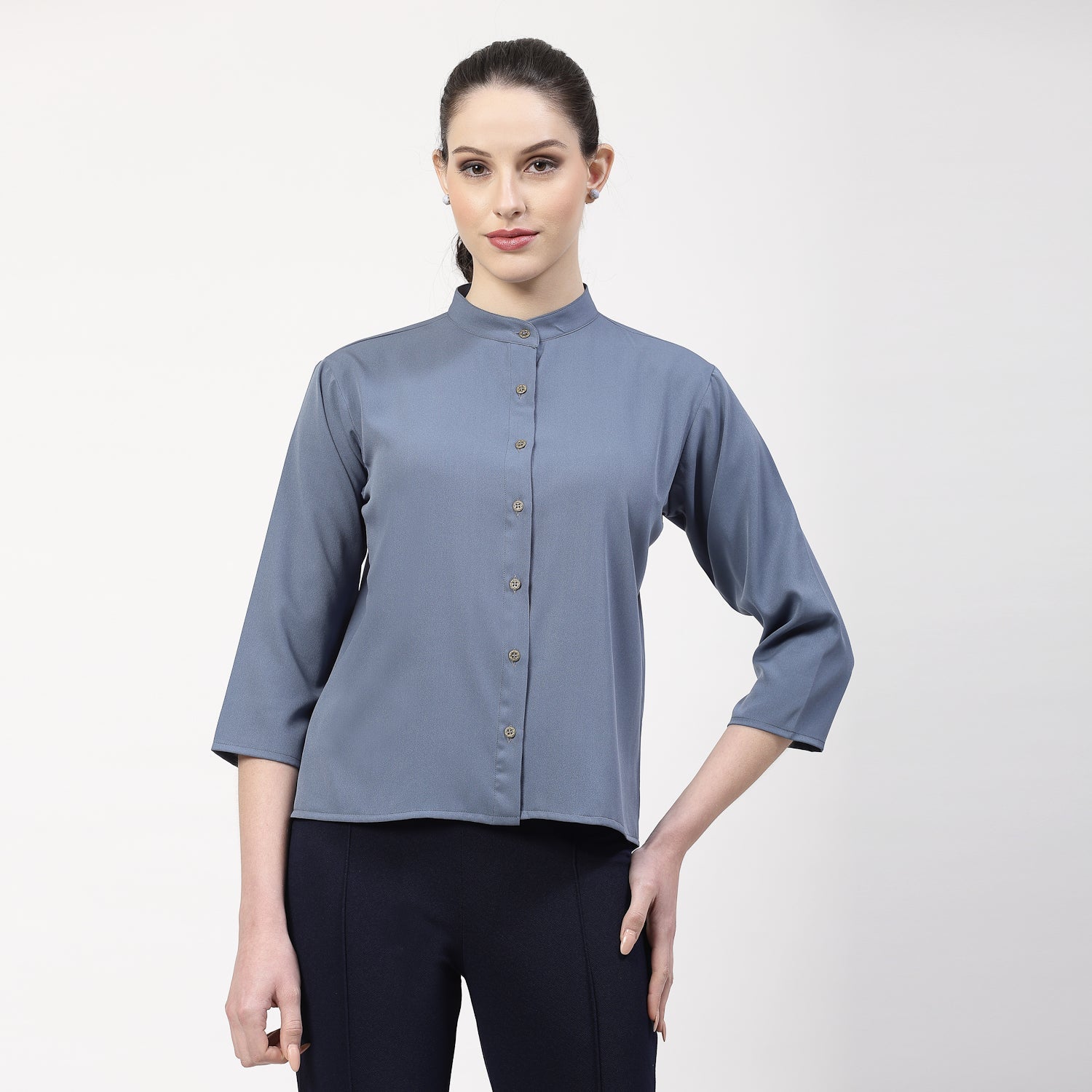 Blue Top With Mandarin Collar