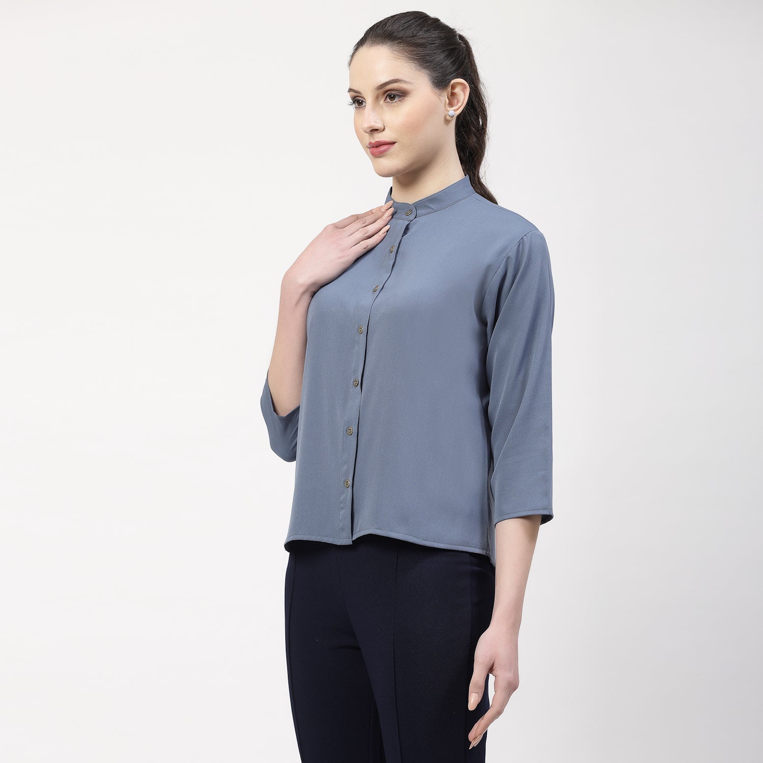 Blue Top With Mandarin Collar