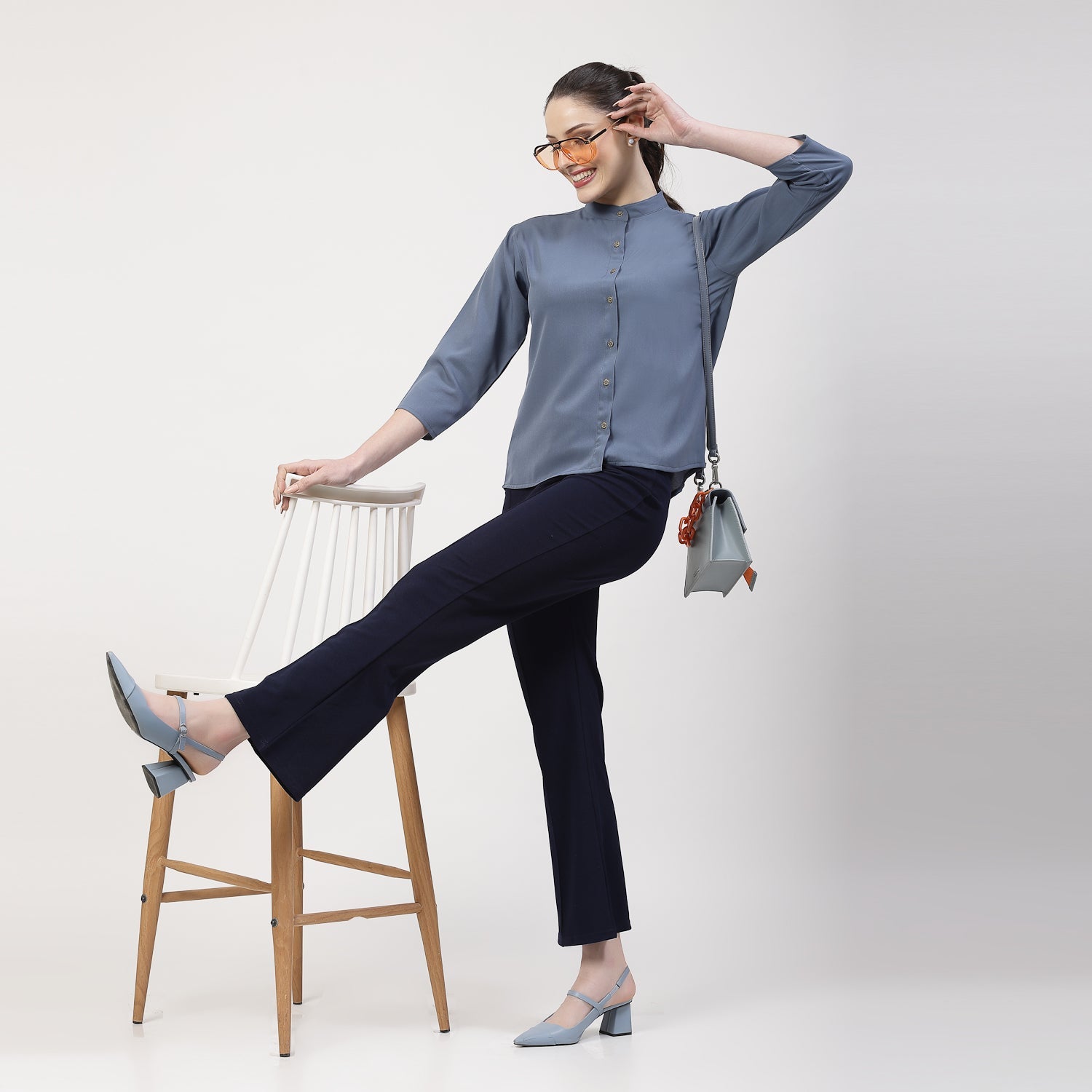 Blue Top With Mandarin Collar