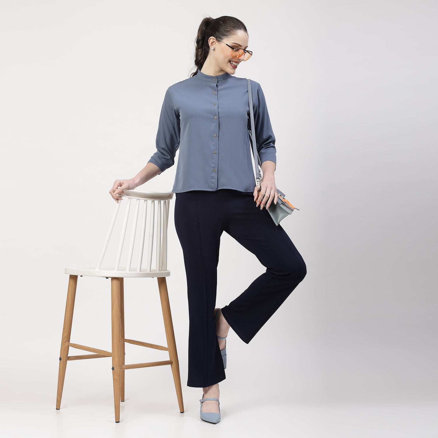 Blue Top With Mandarin Collar