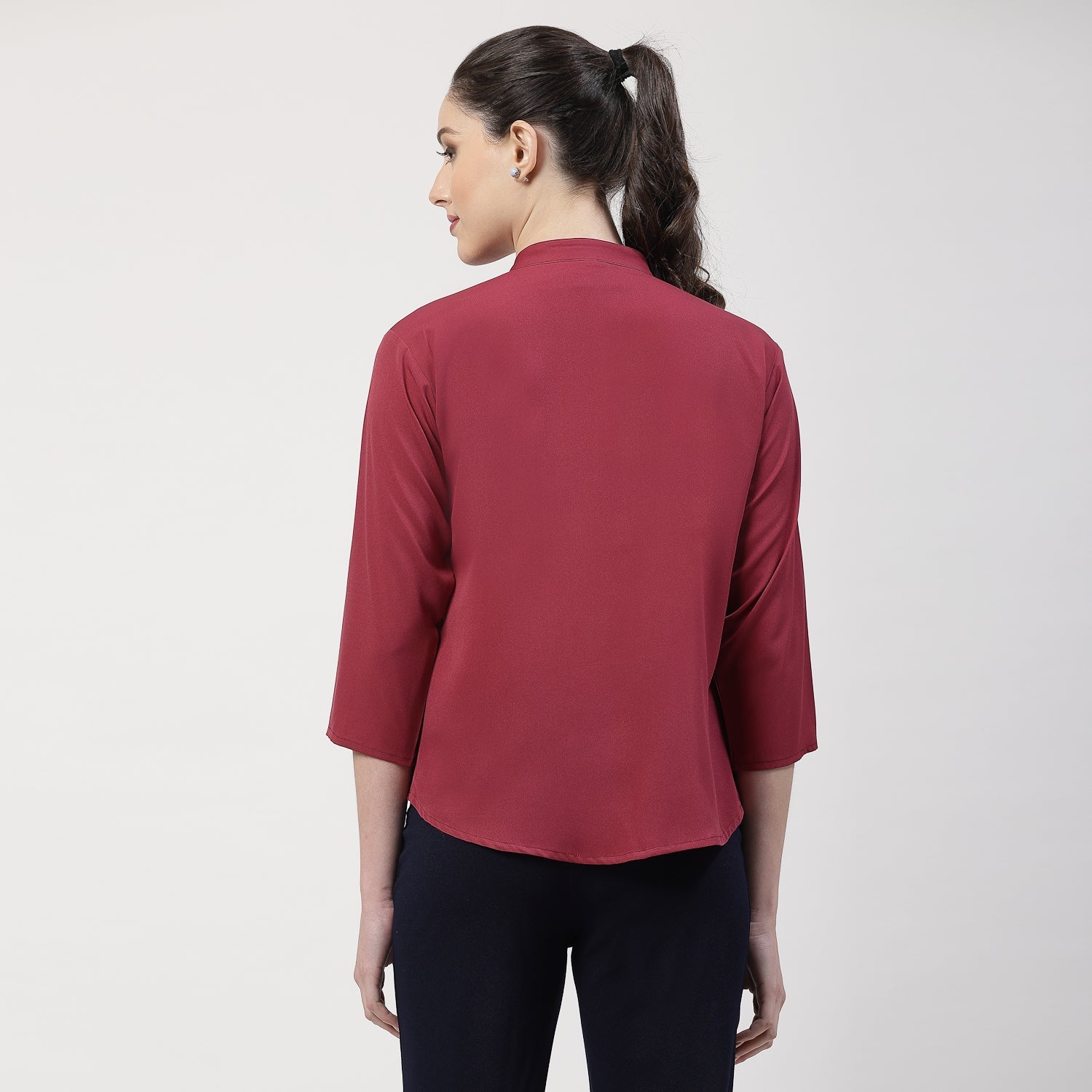 Wine Crepe Top With Mandarin Collar