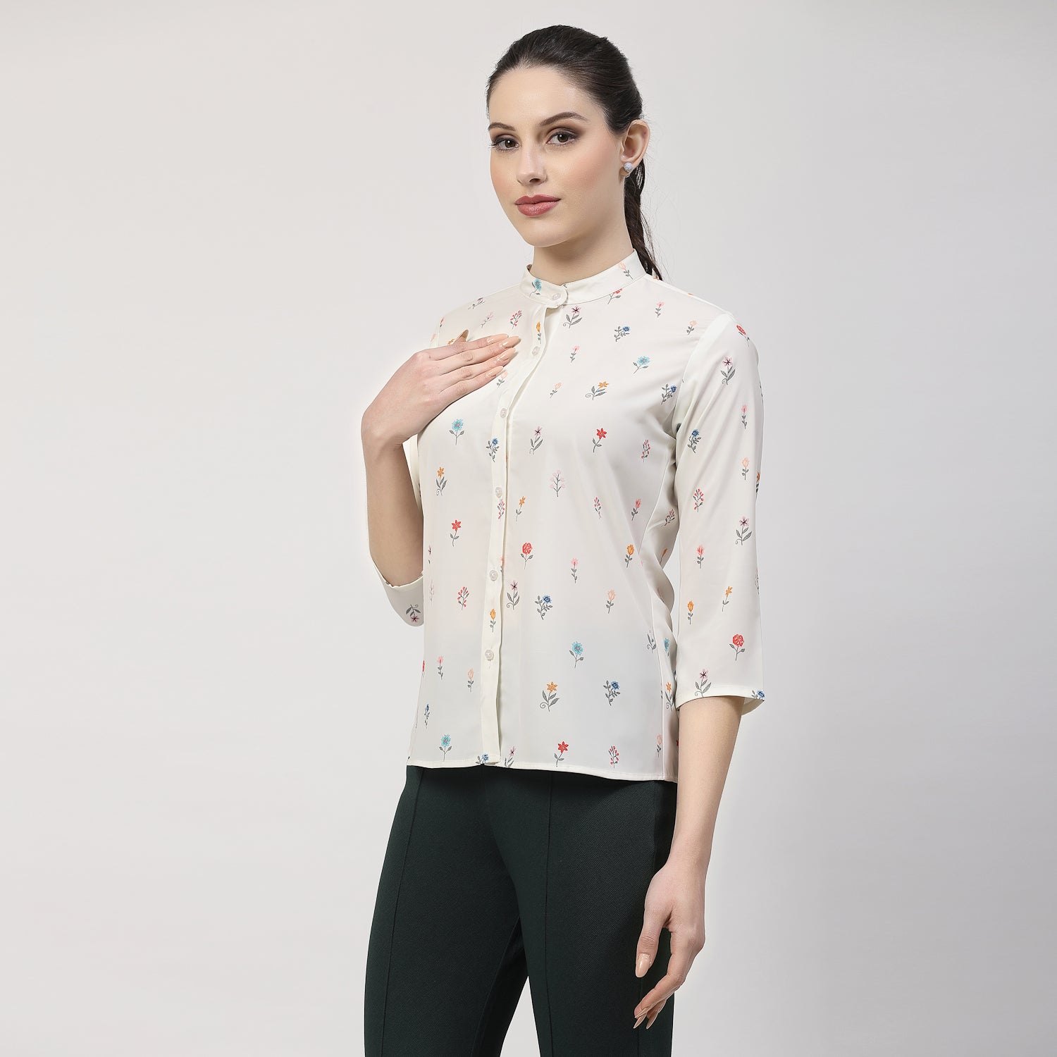 Cream Floral Printed Shirt With Mandarin Collar