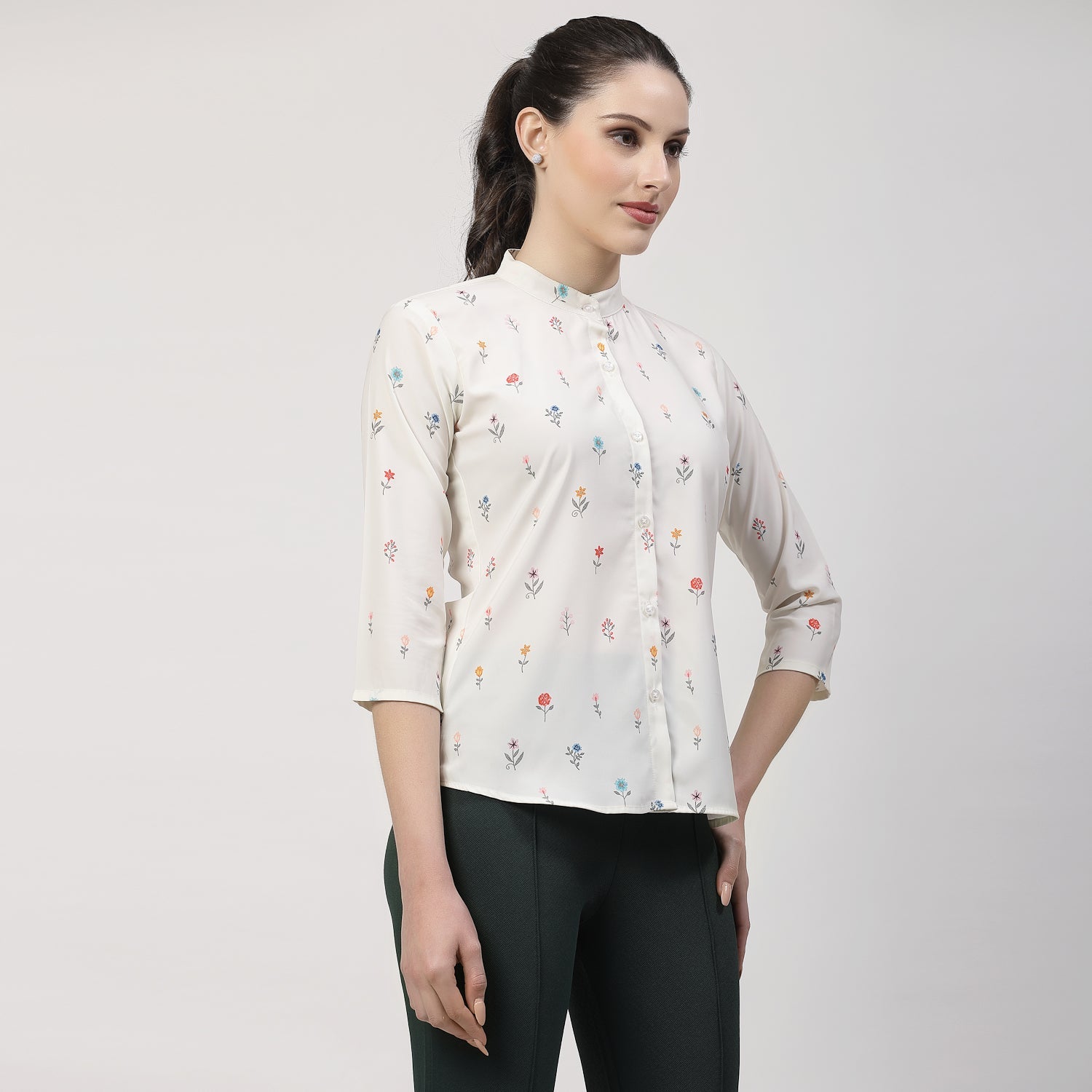 Cream Floral Printed Shirt With Mandarin Collar